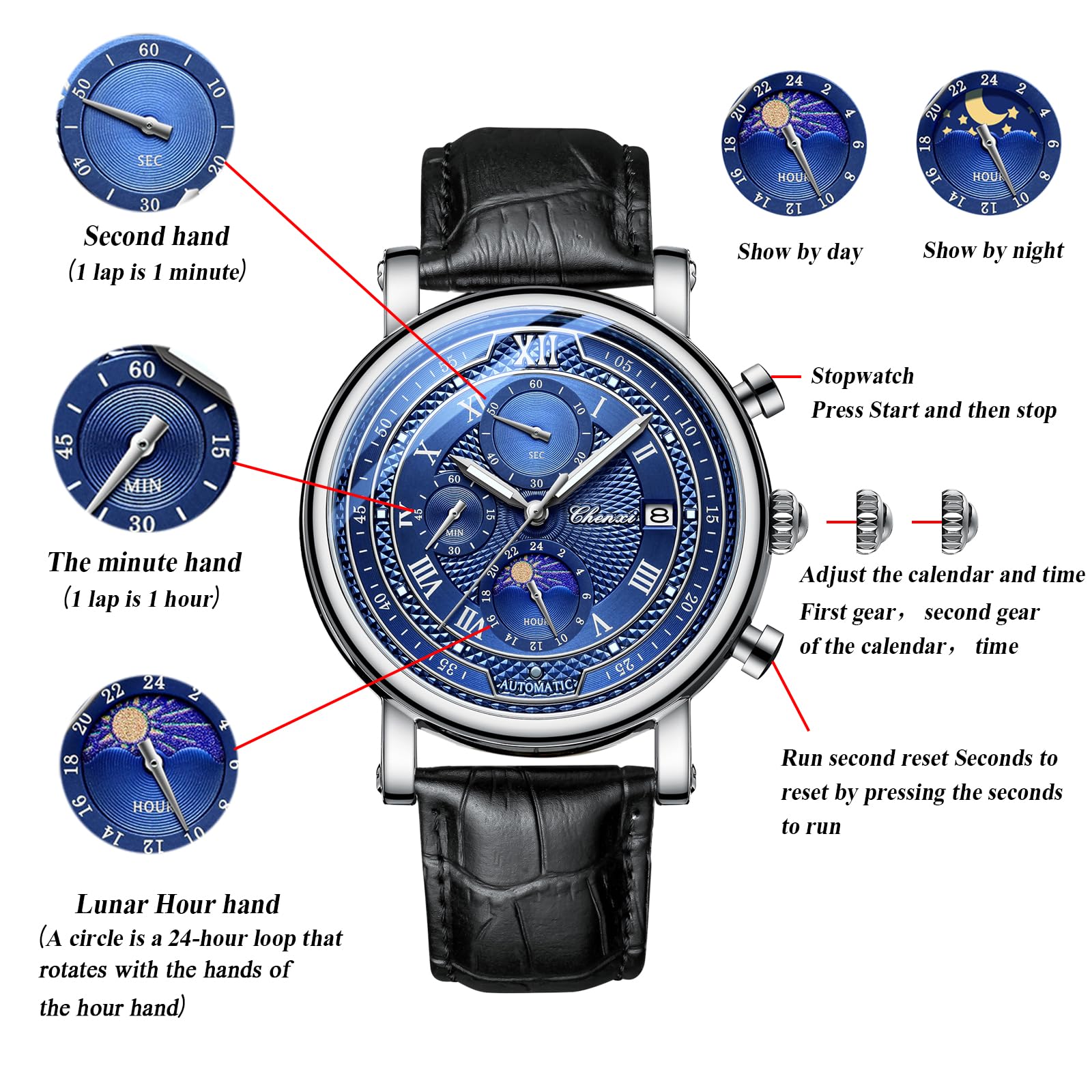 JewelryWe Zegarek męski z prawdziwej skóry chronograf: 2 szt. 30 wodoszczelny analogowy zegarek kwarcowy męski skórzany pasek świecące zegarki z kalendarzem, stoperem, świecącymi wskazówkami,
