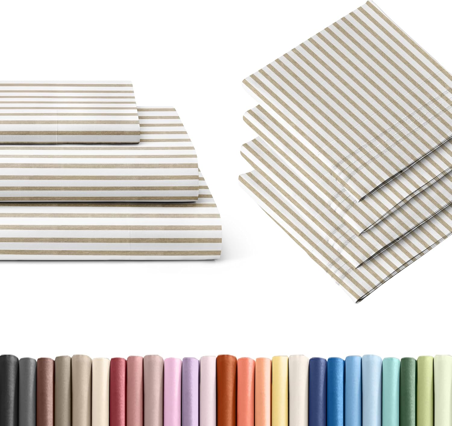 Beige Stripes 3-Piece Sheet Set & Pillowcase Bedding Bundle (Twin XL Size) - Complete Twin XL Sheet Set & 4 Pillowcases w/Deep Pockets up to 16 inches - Hotel Luxury Quality - Breathable & Cooling