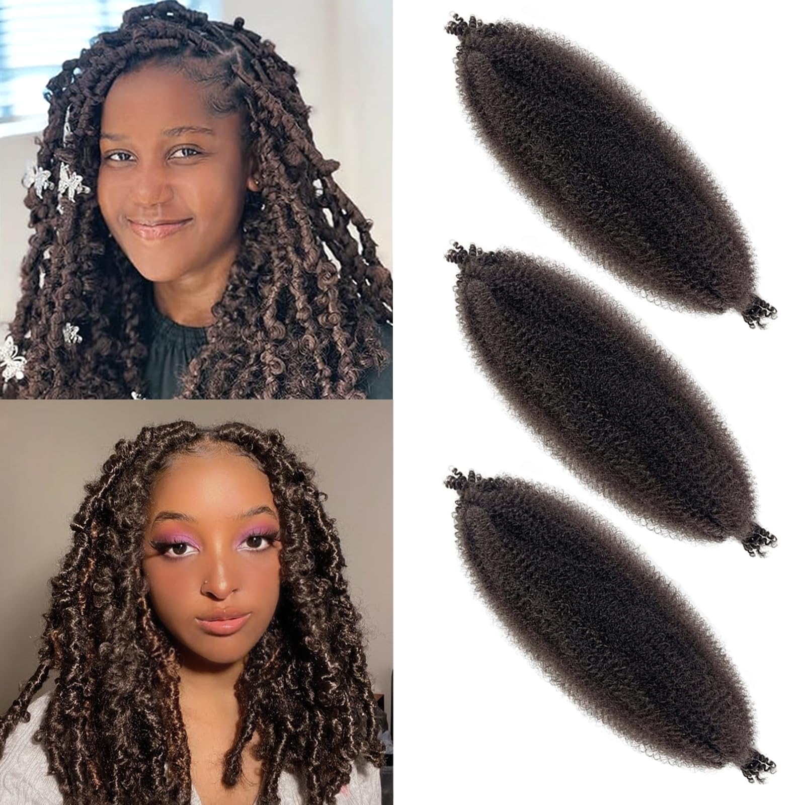 VCEOW Color 4 Springy Afro Twist Hair 16 inch 3 packs Dark Brown Pre-Separated Kinky Marley Twist Braiding Hair Pre-fluffed Synthetic Wrapping Hair