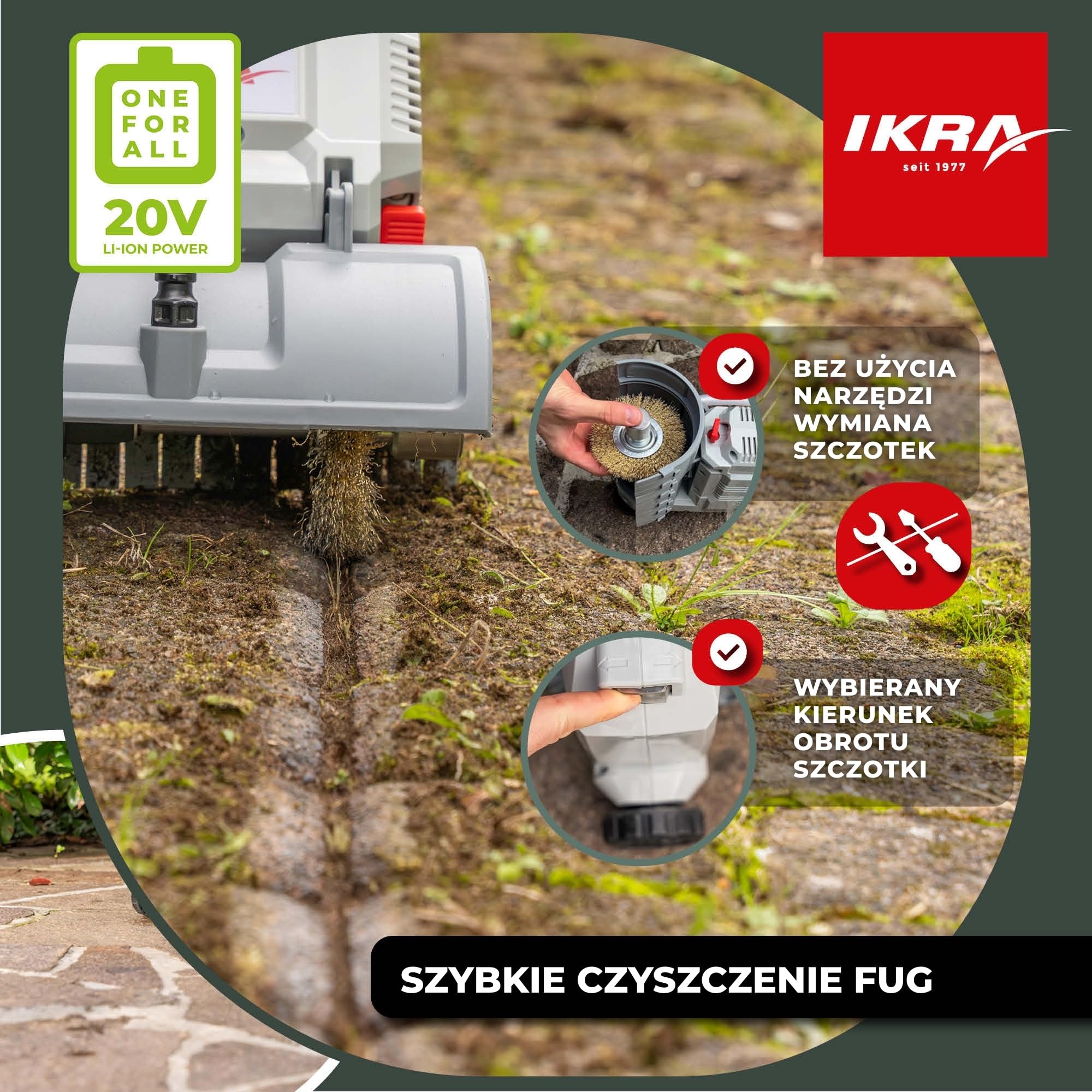 IKRA Akumulatorowa szczotka do powierzchni i fug Vario Brush IATR 20 | W zestawie: nylonowa szczotka do powierzchni, stalowa do fug, możliwe mycie na mokro, akumulator i ładowarka, seria 20V
