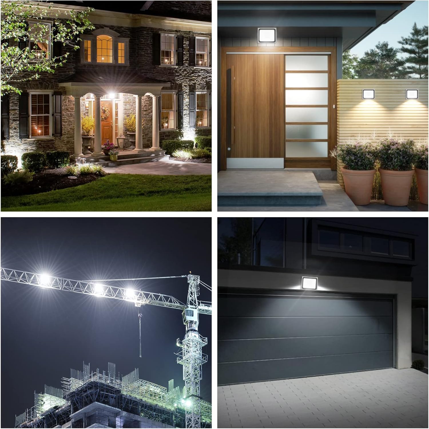 Collage of various outdoor applications for the floodlight, including residential facades, patios, and construction sites.