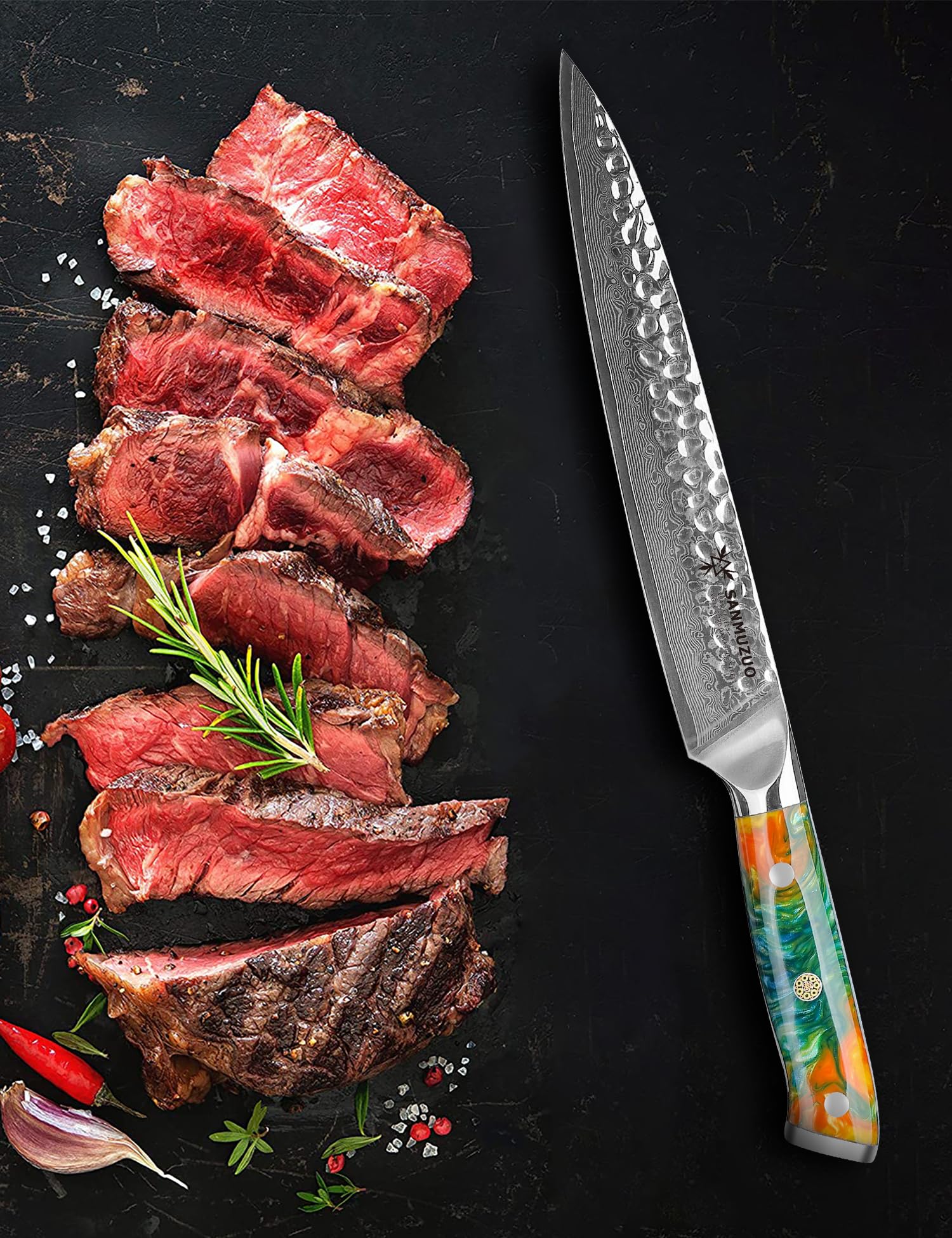 Coltello da intaglio da 20 cm, coltello per affettare la carne, coltello giapponese per sushi - acciaio damasco martellato e manico in resina - Serie YAO