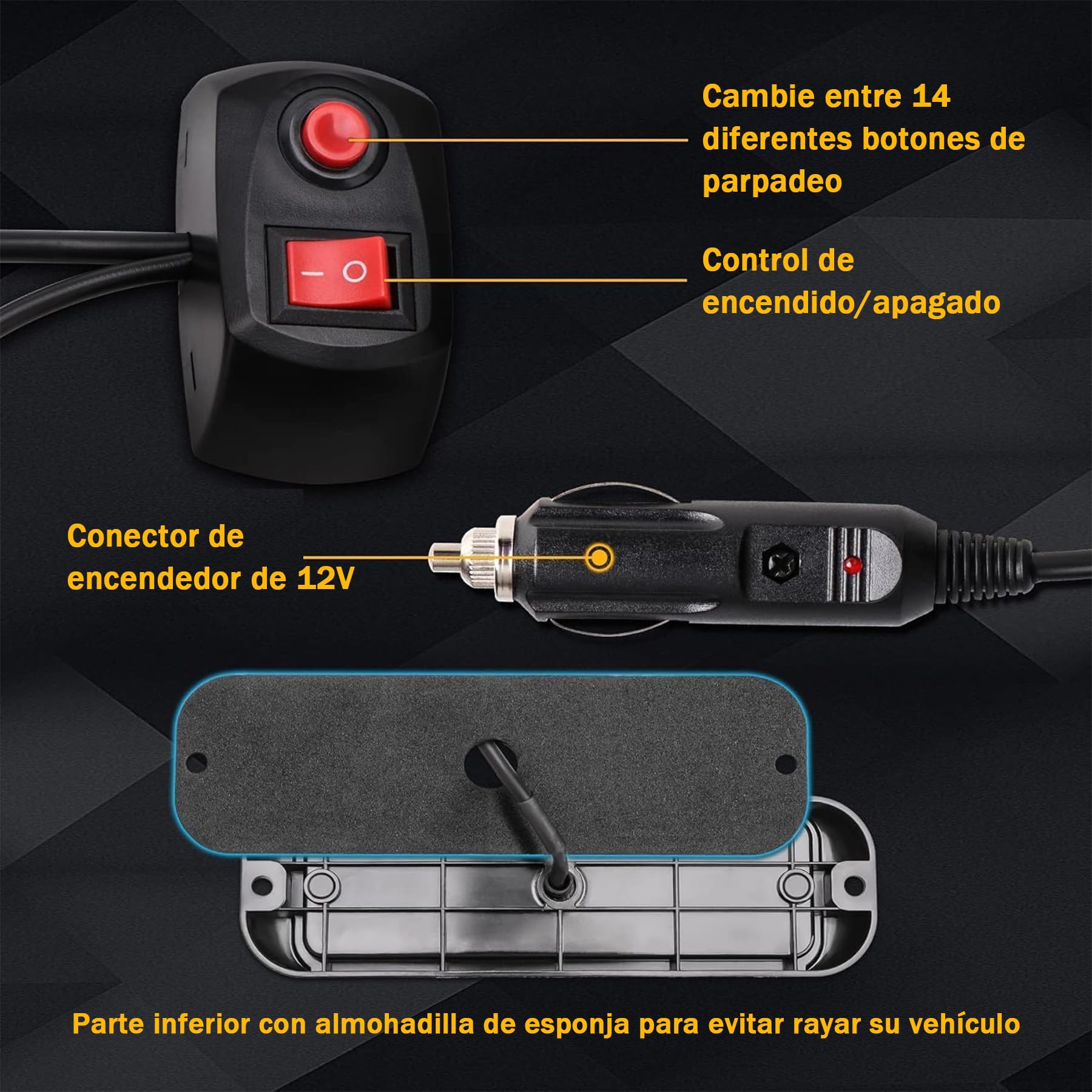 Luces Estroboscópicas LED Ámbar 12-24V Luz de Emergencia para Conductores, Rescatistas y Profesionales, Baliza Universal para Camión, Coche, SUV, 14 Modos, IP65, Seguridad Vial