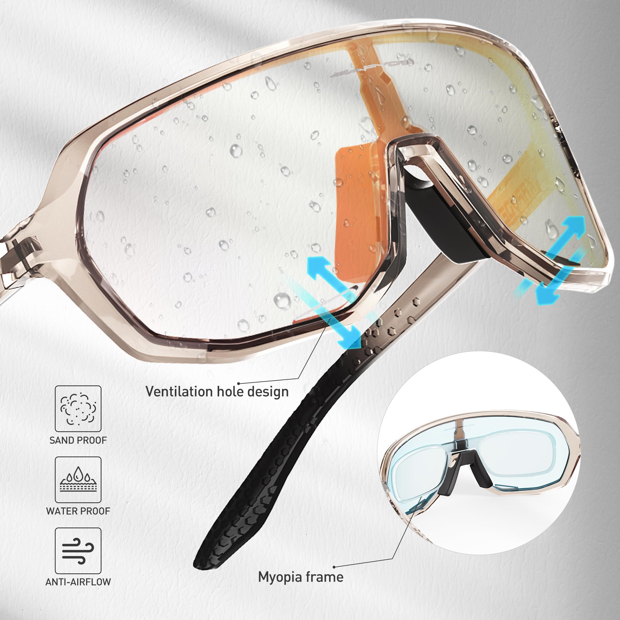 KAPVOE Fahrradbrille Selbsttönend Sonnenbrille Herren Damen Mountainbike Sonnenbrille Sportbrille UV-Schutz für Schnelle Radfahren Laufen Mtb Fahrrad K63