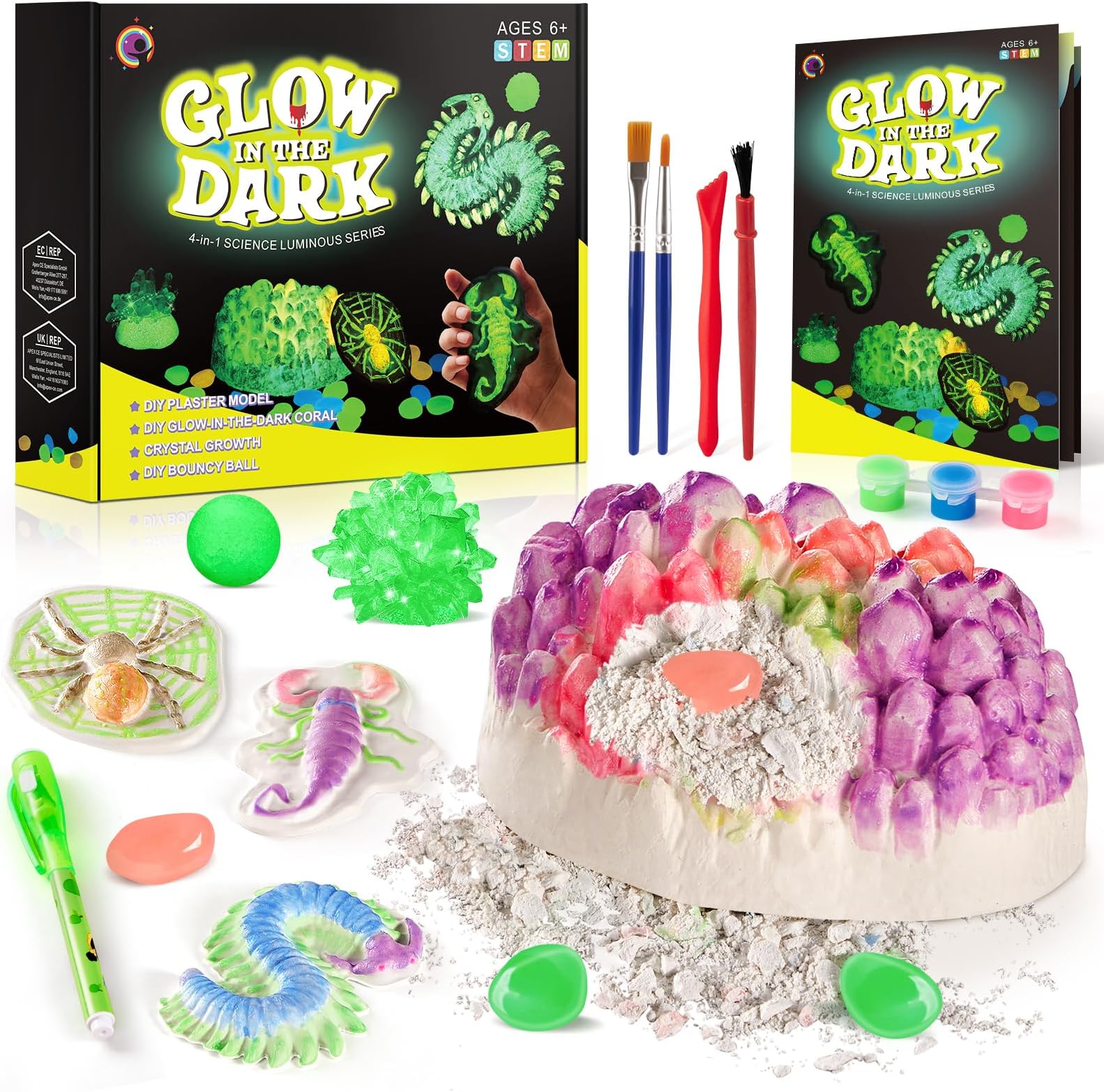 Science Experiments for Kids, Glow in The Dark Science Kit with Plaster Model, Coral Gemstone Dig, Crystal Growth, Bouncy Ball, STEM Toys Scientific Birthday Gift for Boys Girls Ages 6 Years Plus