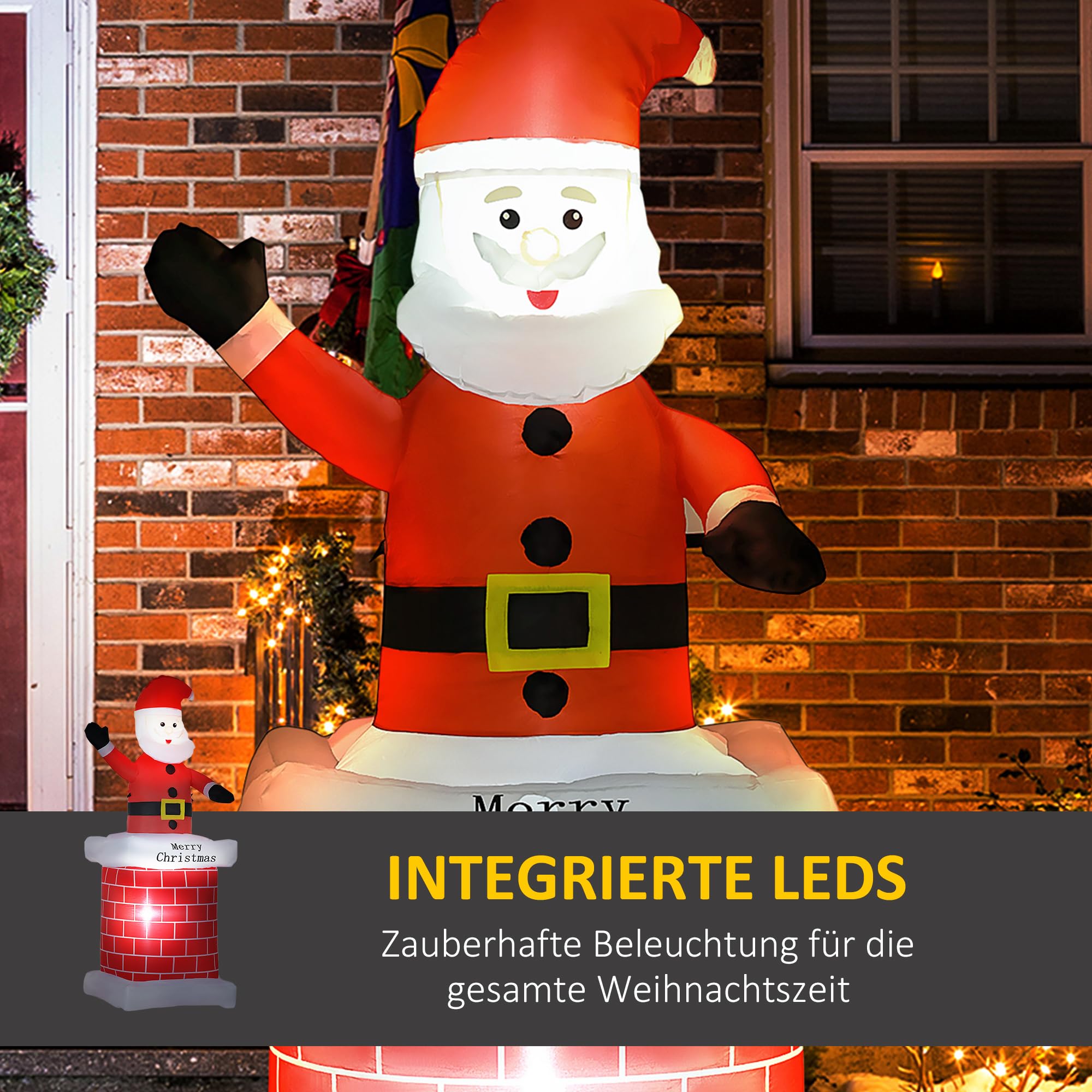 HOMCOM Aufblasbarer Weihnachtsmann mit Schornstein 210 cm Beleuchtet | Riesige Aufblasbar Weihnachtsdeko, LED Licht, Weihnachtsdekoration, Nikolaus, Weihnachten Dekoration, Für Drinnen Draußen