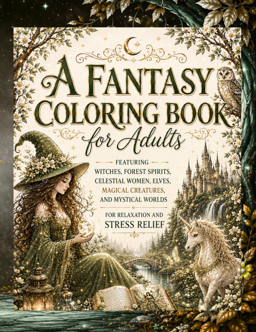 A Fantasy Coloring Book for Adults Featuring Witches, Forest Spirits, Celestial Women, Elves, Magical Creatures, and Mystical Worlds for Relaxation and Stress Relief