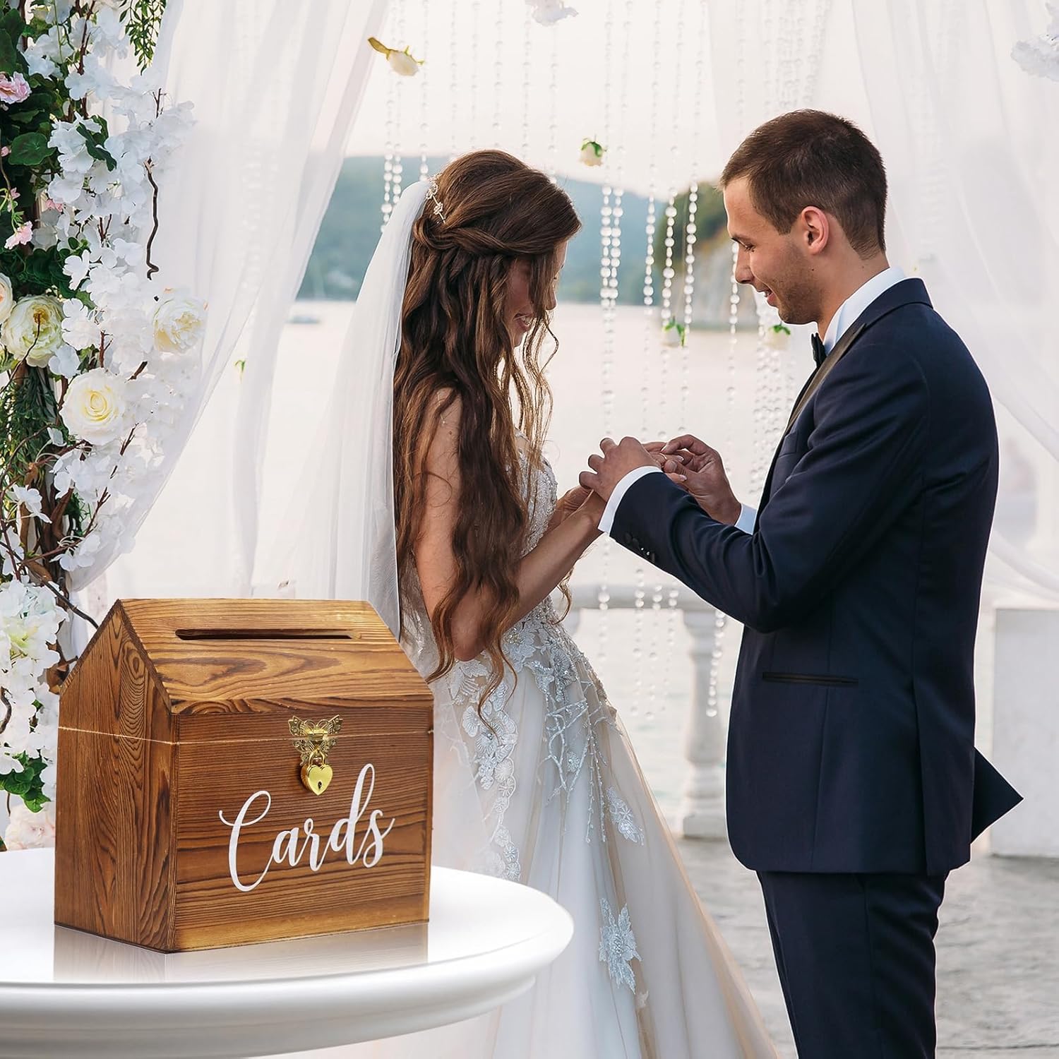 Card Box Wedding Card Box for Reception, Vintage Large Wedding Gift Card Holder Box with Heart Lock, Big Wedding Card Envelope Holder Box with Lid Wood Card Box for Wedding Party