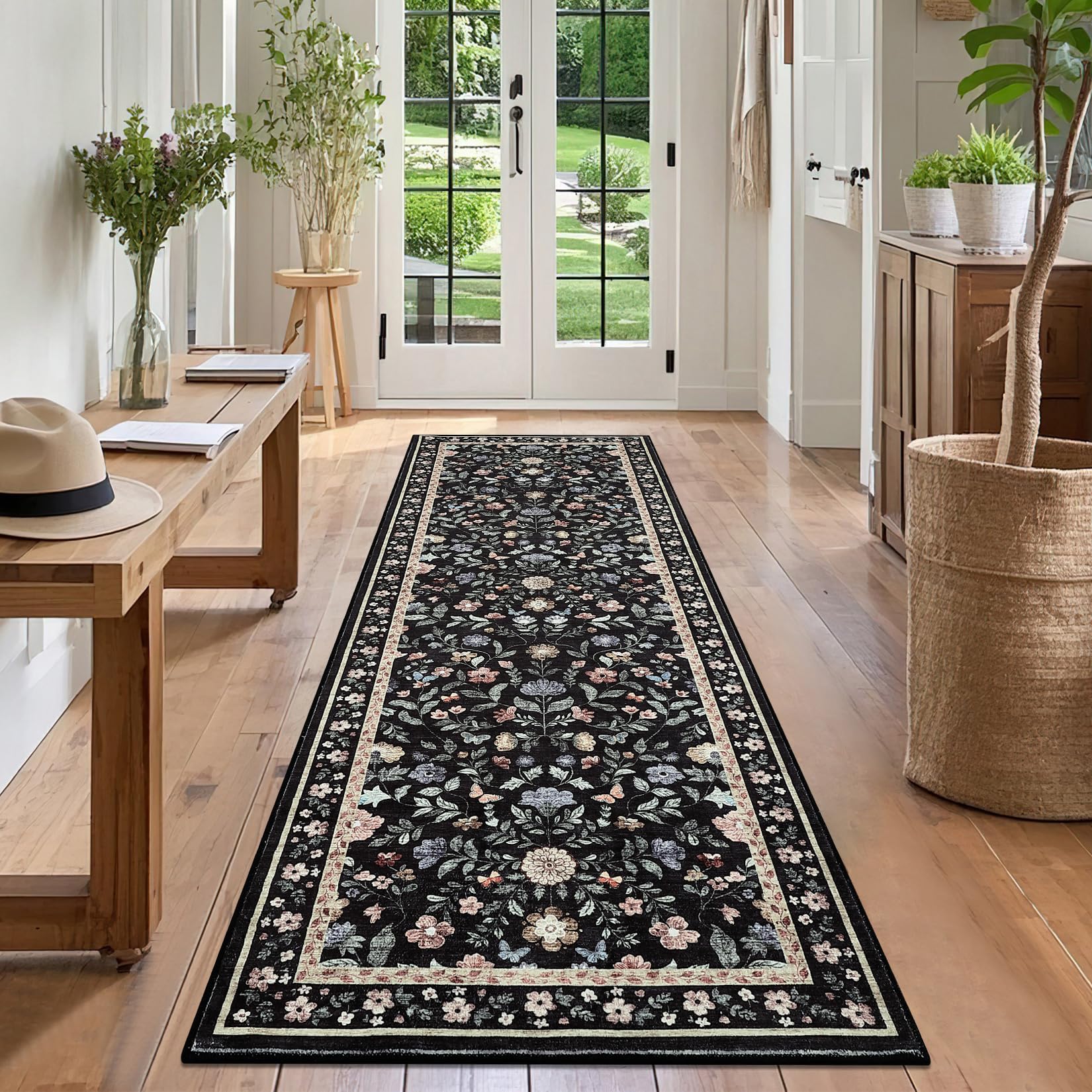 CAROMIO Hallway Runner Rug 60x180 cm, Floral Bedside Rugs Bedroom, Washable Farmhouse Carpet for Living Room, Low Pile Foldable Floor Mat for Kitchen, Black — image 1