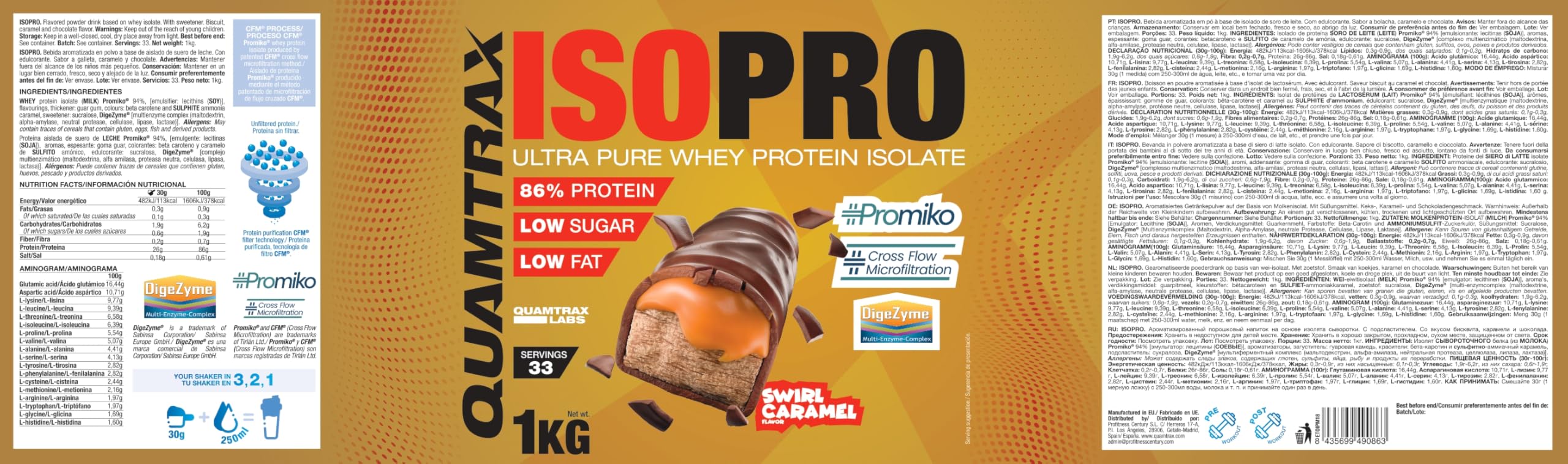 Quamtrax Nutrition - Isopro CFM (Aislado de Proteínas de Suero de Leche) - 1 kg - Sabor Swirl Caramel - Alto contenido proteico, rápida absorción y bajo en grasas