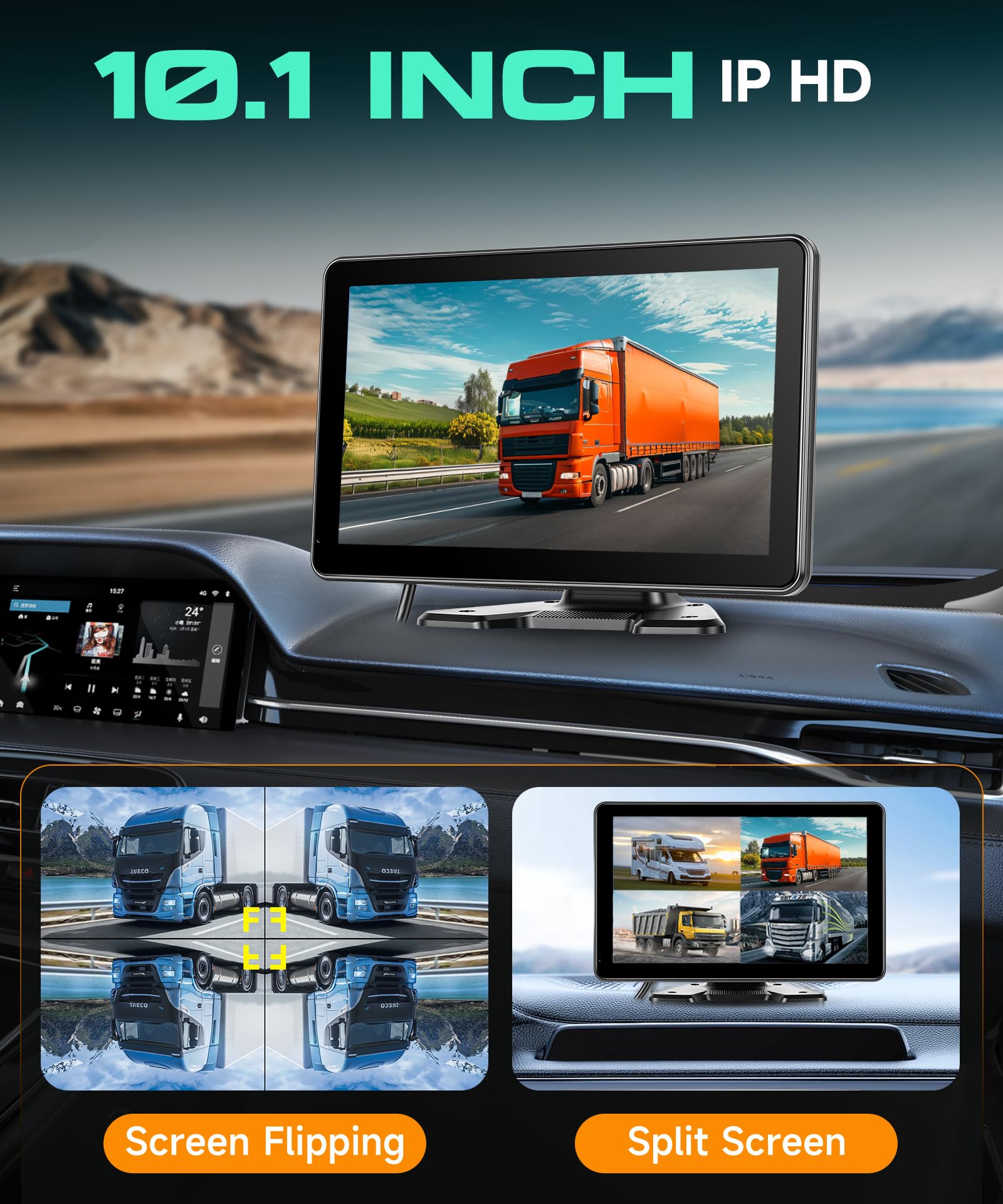 VECHTEL Monitor per auto IPS 10.1'' con 4 Telecamere, Kit Telecamera Posteriore con DVR BSD Impermeabile IP68 Visione Notturna Super Grandangolo con Linea Guida, Cavo 5M/15M, 6.5-36V per Camper Camion