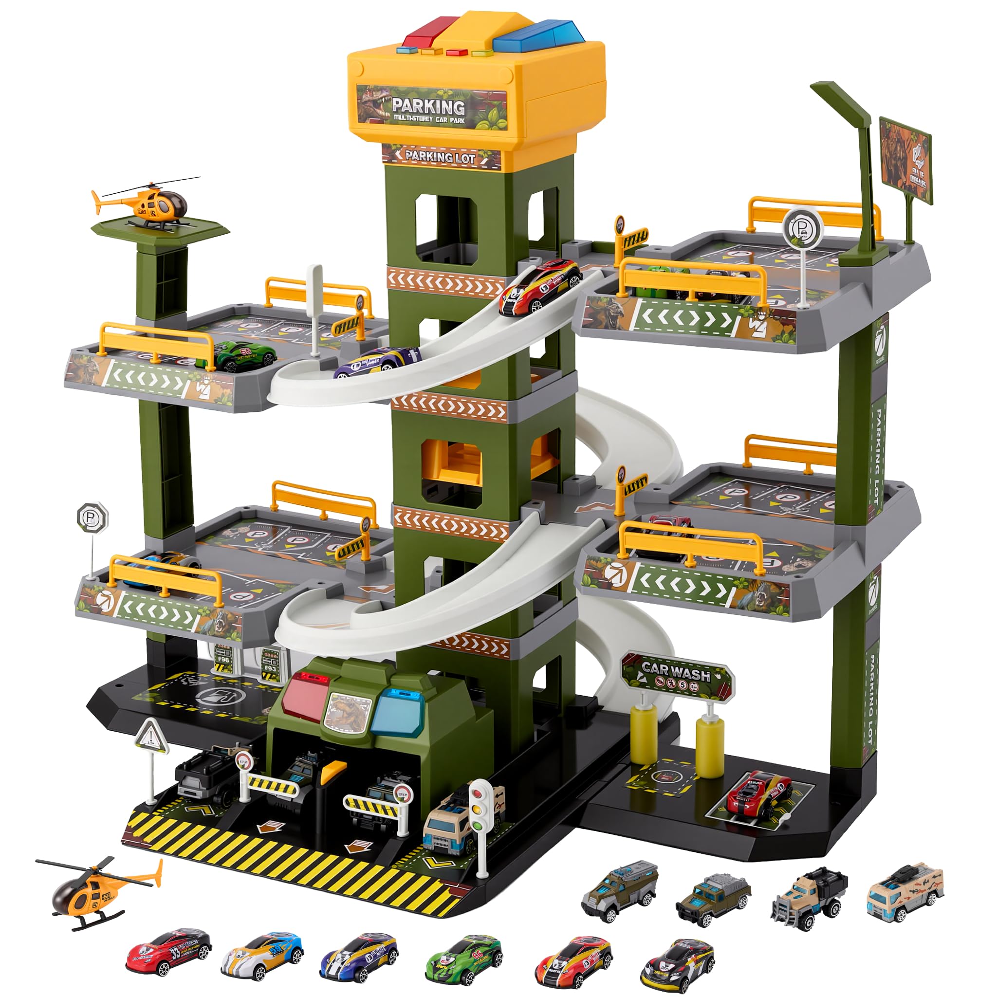 5 Stockwerke Parkgarage für Kinder, Dinosaurier-Thema Spielzeug Parkhaus mit 12 Autos und 1 Hubschrauber für Kinder, Parkhaus mit Aufzug, Geschenke für 3-9 Jahren