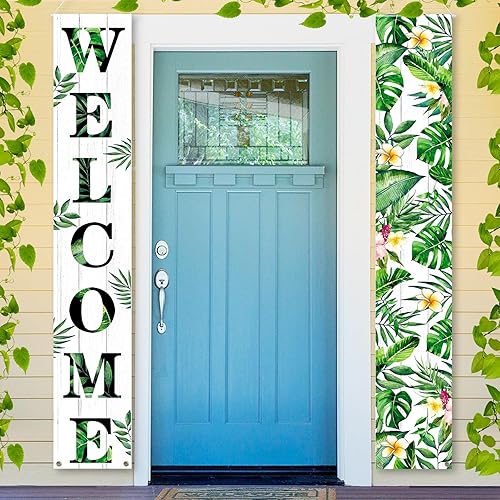 Miniatura 3 de Rumia Tropical Luau - Cartel de bienvenida con diseño de hojas verdes, poliéster, resistente a desgarros, montaje en poste, decoraciones al aire