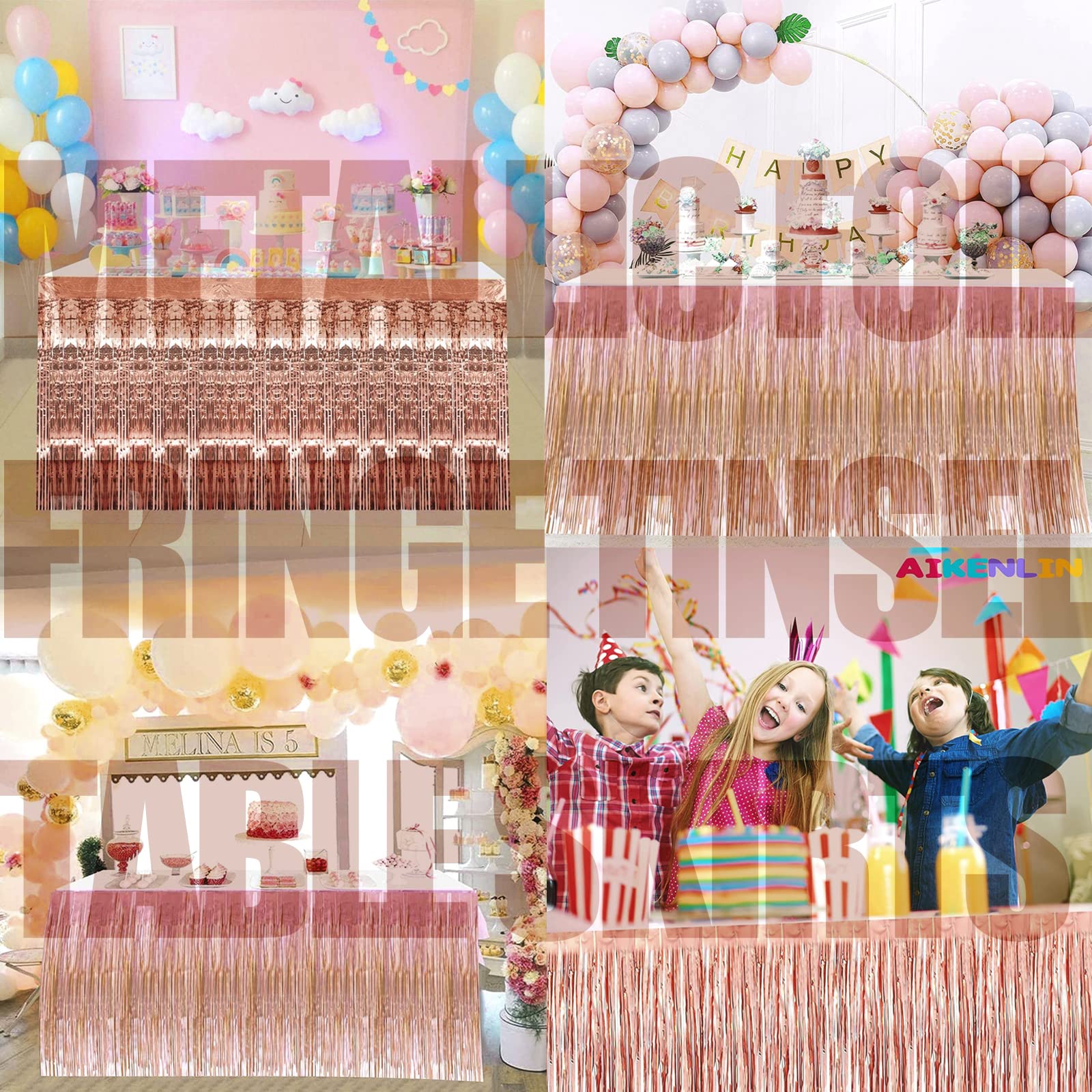 Confezione da 4 gonne da tavolo con frange metallizzate per tavolo rettangolare, tende da sfondo, per matrimoni, feste di compleanno, galleggianti da sfilata, tavoli da dessert, 73 x 274 cm,