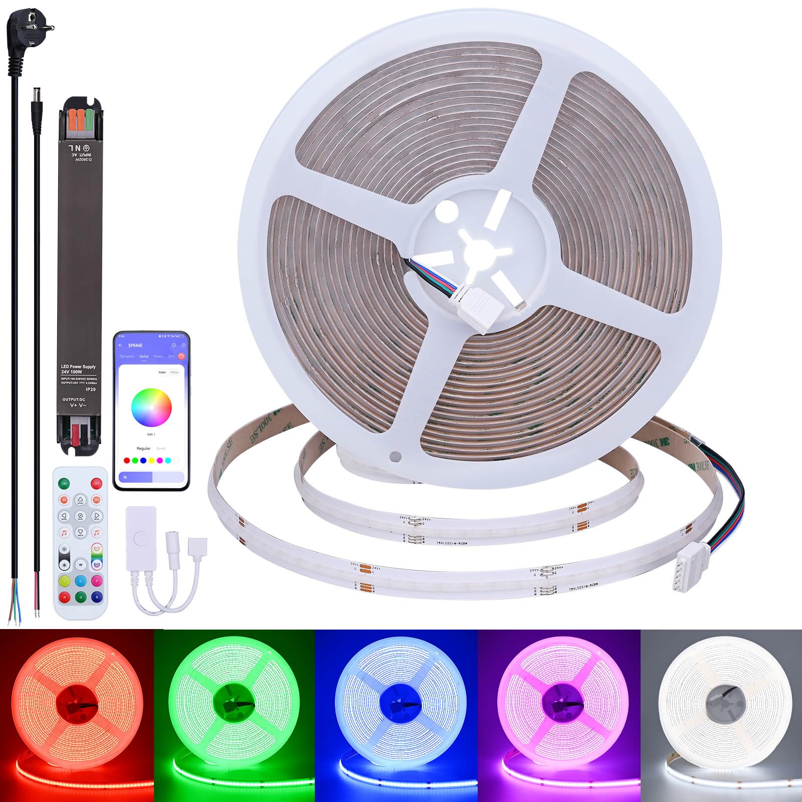 Striscia LED RGBW COB Bianco Freddo 6000K 10M 24V CRI 90+ | Sincronizzazione Musicale Multicolore Dimmabile 7840LEDs Larghezza 12mm RGB+6000K Kit per Camera da Letto, Sala Giochi, Feste