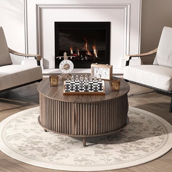 JOINICE,Round Coffee Table with Storage, 31.5" Fluted Center Table for Living Room, Modern Walnut Wood Circle Drum Table with Sliding Cabinet Door, Mid Century Furniture for Small Space - 5