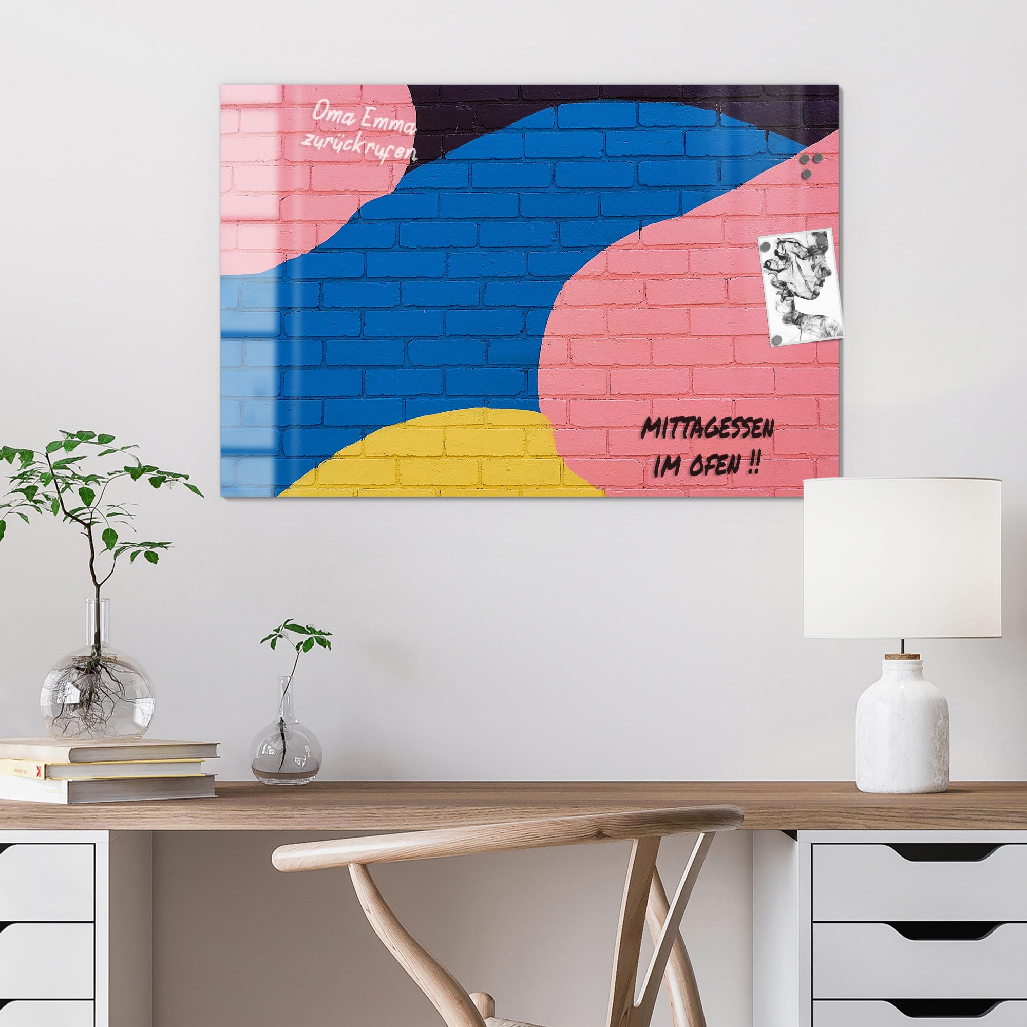 DEQORI Lavagna magnetica in vetro | 90 x 60 cm | motivo "arco & blocchi" | Lavagna magnetica con magneti, penna e panno per cucina e ufficio, lavagna magnetica e scrivibile