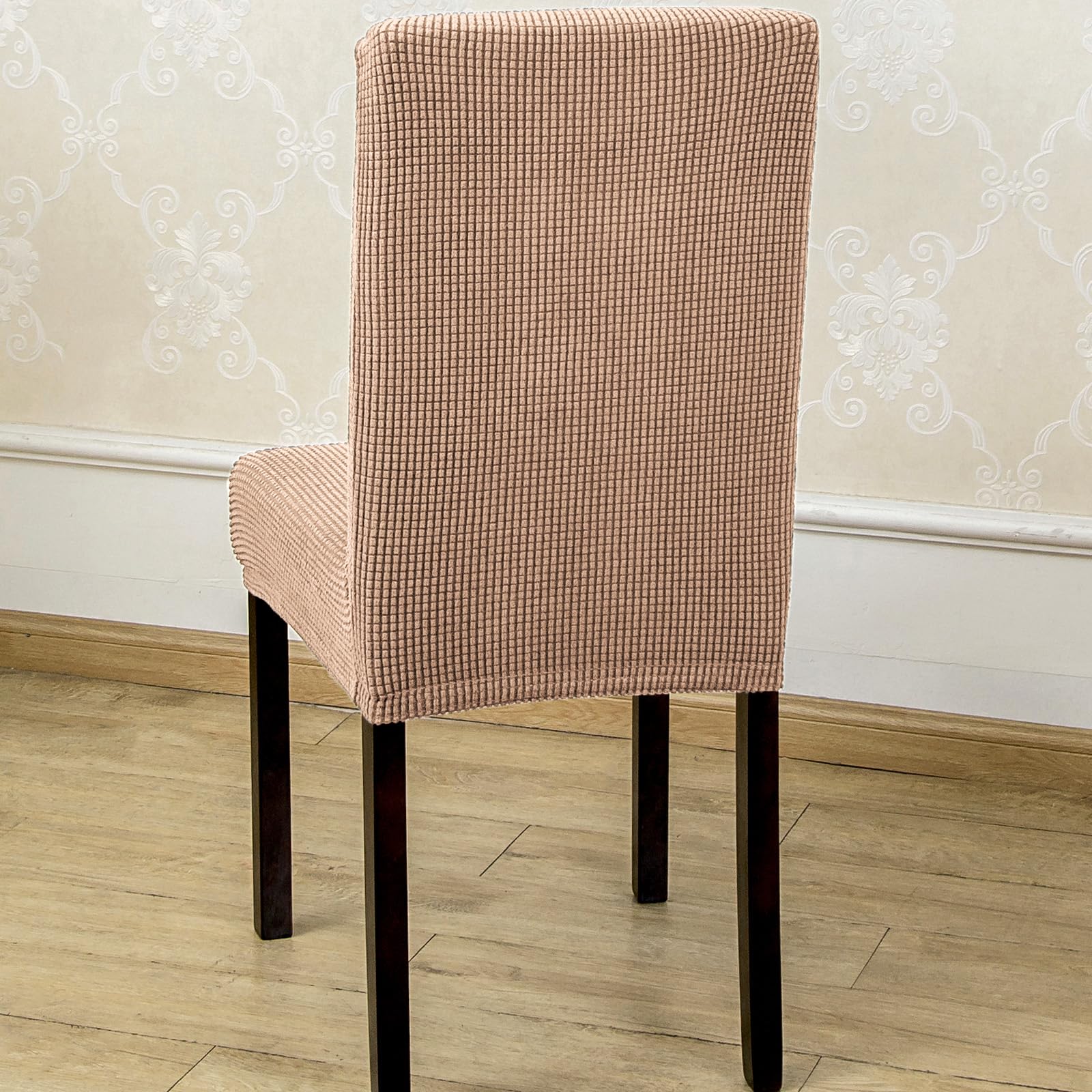 Argstar 6 Pack Jacquard Chair Covers, Stretch Armless Chair Slipcover for Dining Room Seat Cushion, Spandex Kitchen Parson Chair Protector Cover, Removable & Washable, Jacquard Khaki