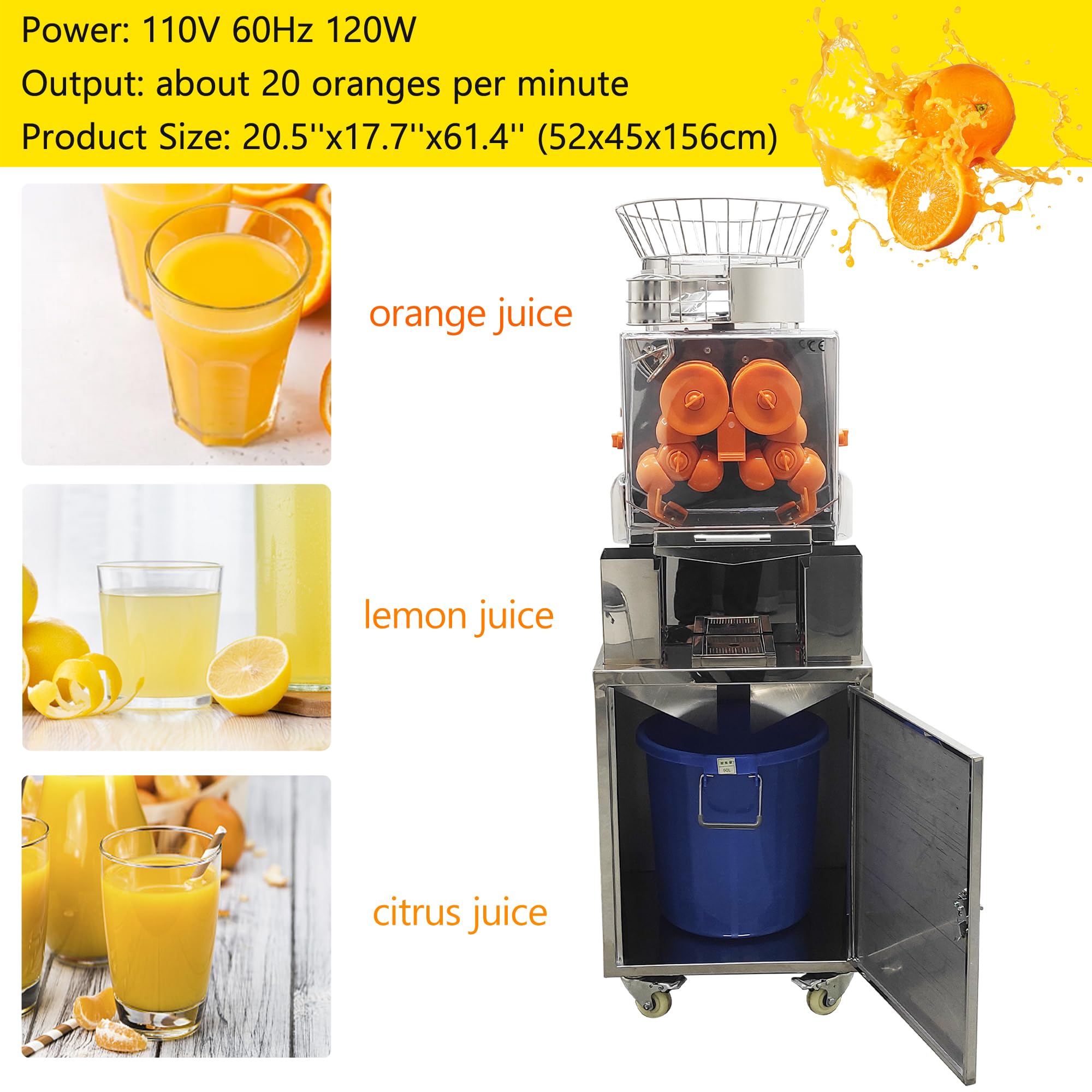 TECHTONGDA Commercial Orange Juicer Machine, Orange Squeezer for 20 per Minute, 110V Automatic Juice Extractor with Peel Collecting Buckets PC Cover and Filter Box, 1.57-3.15in Feed Port