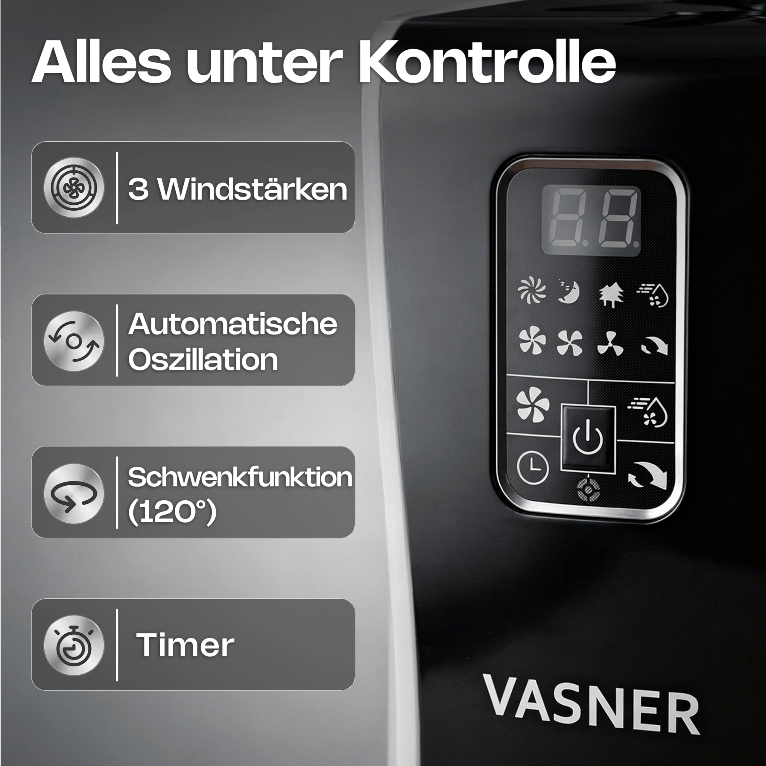 VASNER Cooly Standventilator mit Sprühnebel – Ventilator Leise mit Kühlung – Großer Stand Ventilator mit Fernbedienung – Luftkühler Wasserkühlung 3 Stufen Timer Oszillation - Mit Schwenkfunktion
