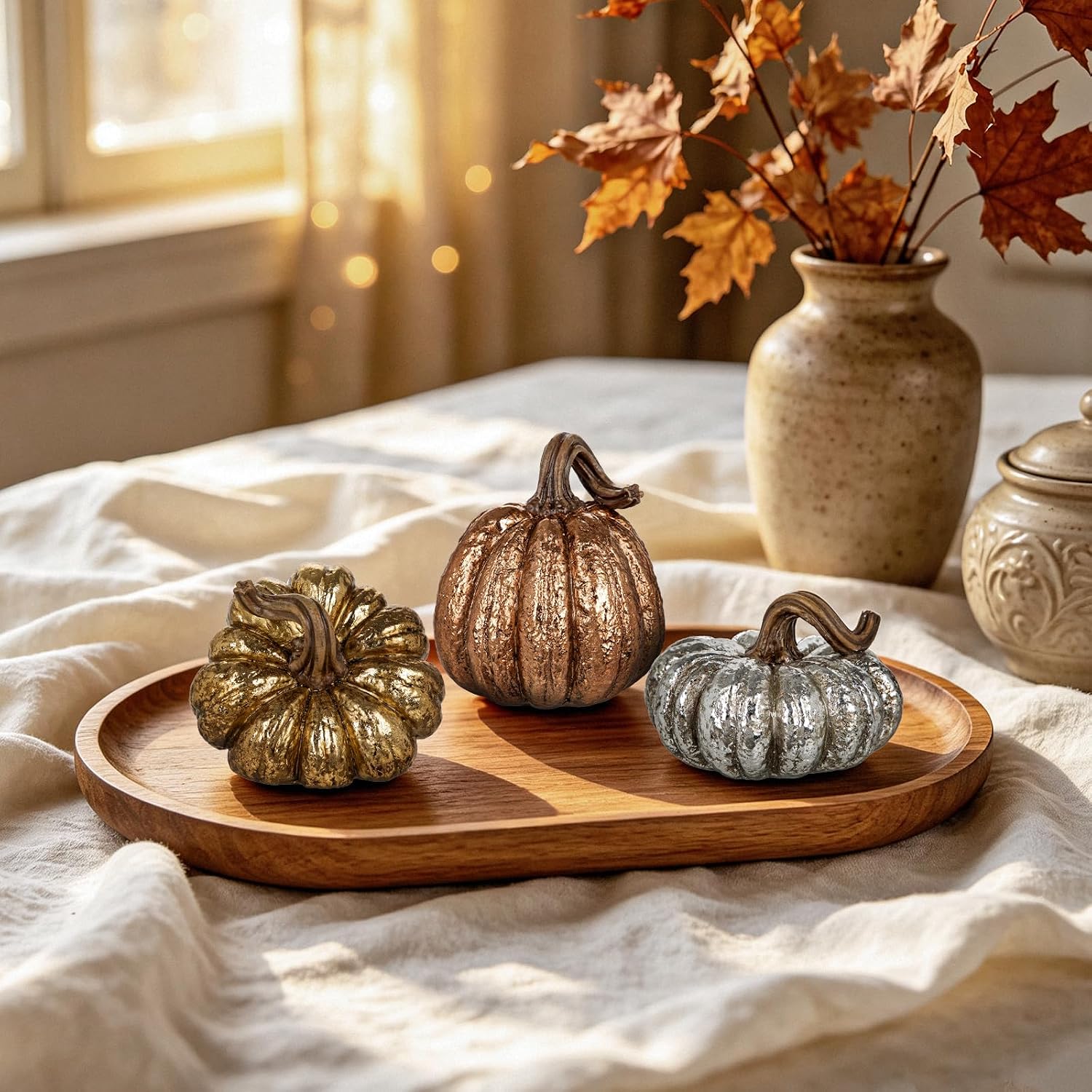 GnFlus Artificial Pumpkins Resin Gold Silver Pumpkins Figurine 3 Pack