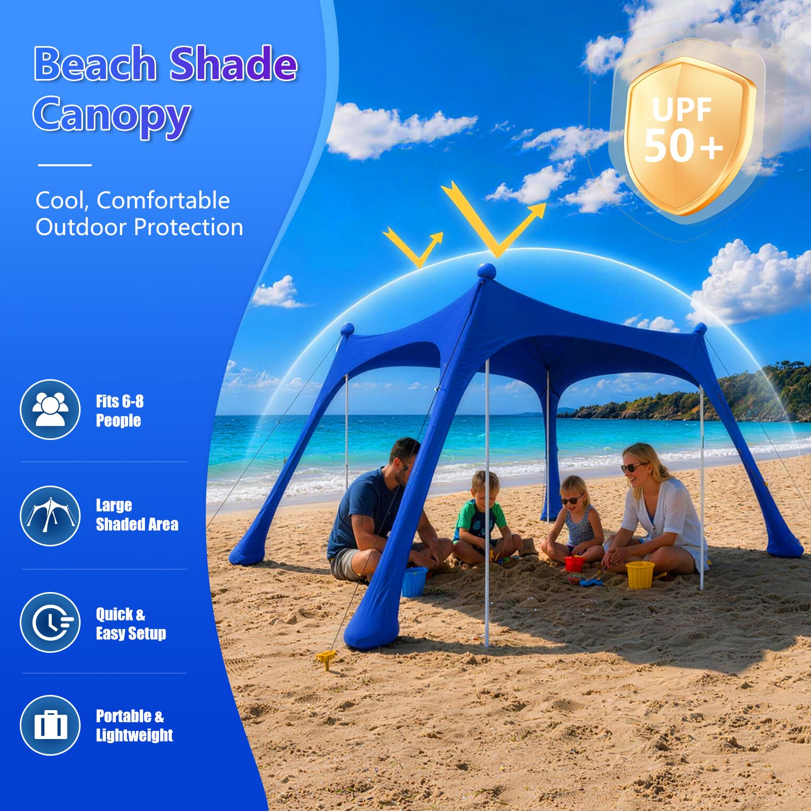 Tienda de Playa UPF50+ con Esterilla, Toldo Solar Antiviento Portátil | Refugio con Anclajes de Arena y Barras de Aluminio, Fácil Montaje para Camping, Playa y Picnic, 10x10FT Azul Oscuro