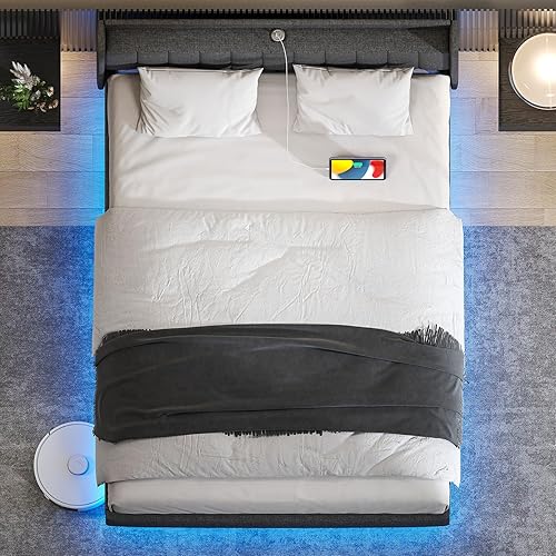 Miniatura 8 de Base de cama tapizada con cabecera de almacenamiento, puertos USB, luces LED, tamaño Queen, flotante, sin ruido, gris oscuro