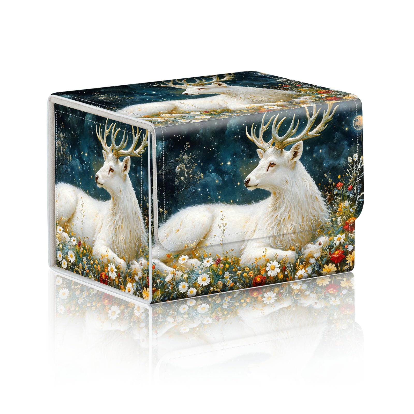 DISUOFEART Trading Card Storage Box, Holds 100+ for MTG Cards, PU Leather with Magnetic Closure, White Stag in Starry Wildflowers Durable Deck Box for Magic the Gathering, Trading Card Games