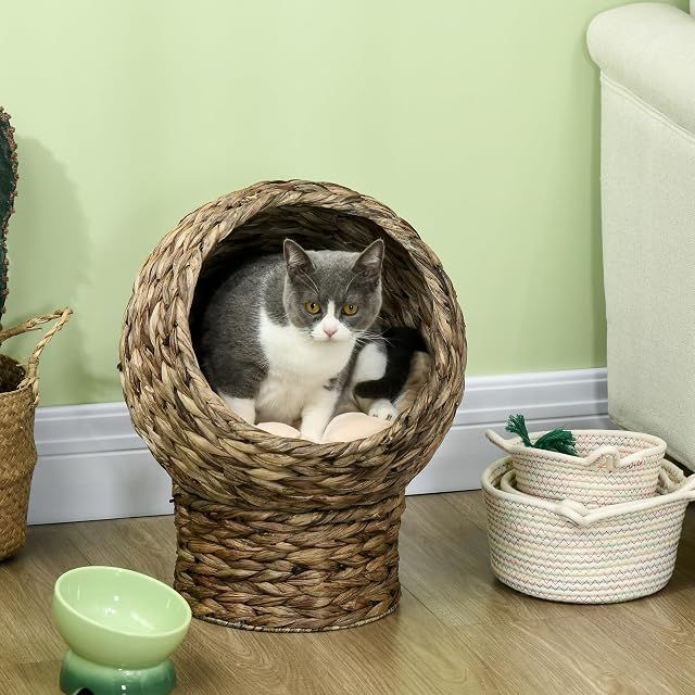 Foto 2 de 8 de PawHut Cama para Gatos de Mimbre Cueva para Gatos Desmontable con Cojín Extraíble 40x37x51 cm Marrón Oscuro…