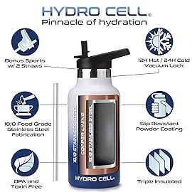 HYDRO CELL Stainless Steel Water Bottle with Straw & 2 Standard Mouth Lids (32oz 24oz 20oz 16oz) Keeps Liquids Hot or Cold w/Double Wall Vacuum Insulated Leak Proof Sport Design (Navy/White 16oz)