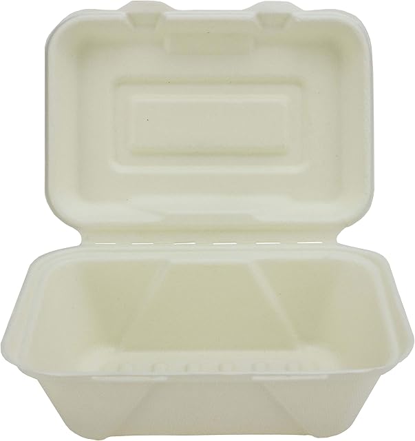 Bagasse Single Compartment Clambshell Snack Box - 185 x 130 x 70mm - Pack of 50 Super Rigid Biodegradable and Compostable, Disposable Menu Boxes - Made from 100% Natural Sugar Cane Pulp