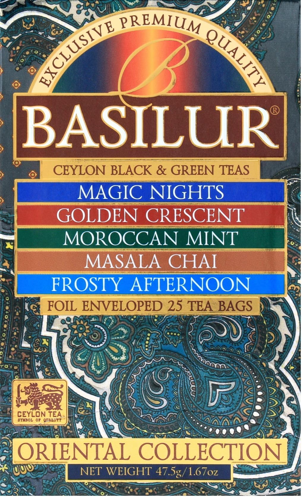 Basilur | Oriental Collection - Assorted | Flavoured Black & Green Ceylon Tea | 25 Tea Bags | 5 Blends: Masala Chai, Moroccan Mint, Frosty Afternoon, Golden Crescent & Magic Nights
