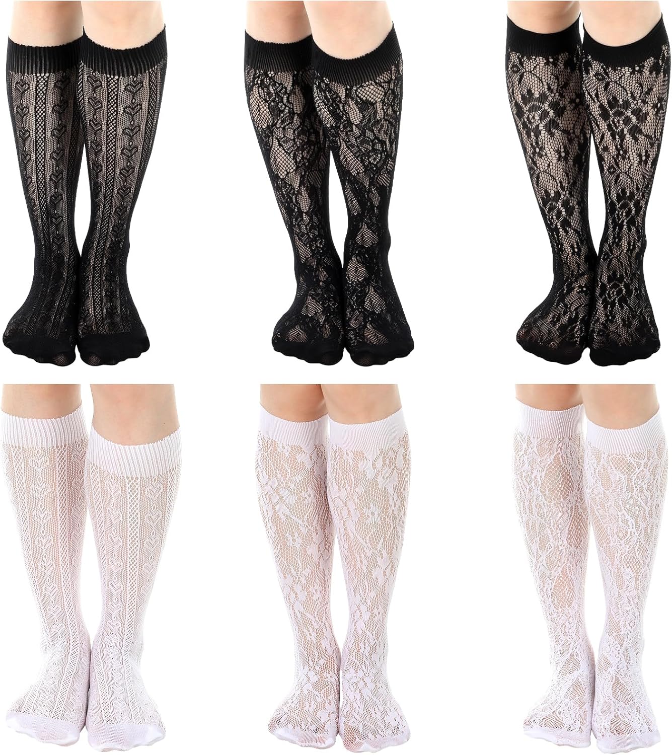 Bremorou Knee High Stockings For Women 6 Pairs Of Elegant Mesh Lace Knee High Stockings White & Black Fishnet Mesh Hollow Out Women Stockings Nylon Comfortable And Breathable