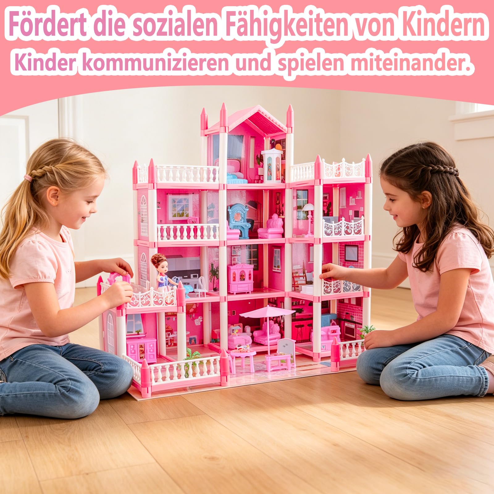 Großes Puppenhaus für Mädchen von 3–12 Jahren, 11 Zimmer, Puppenhaus mit Beleuchtung, Spielmatte, Puppen, Möbeln und umfangreichem Zubehör, Kinder