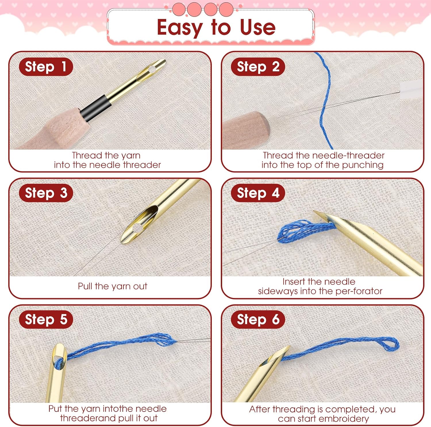 12 Pcs Punch Needle Kit, Embroidery Punch Needle Tool Wooden Handle Embroidery Tool Punch Needle Threader Set for Adults Beginner Yarn Floss Cross Stitching