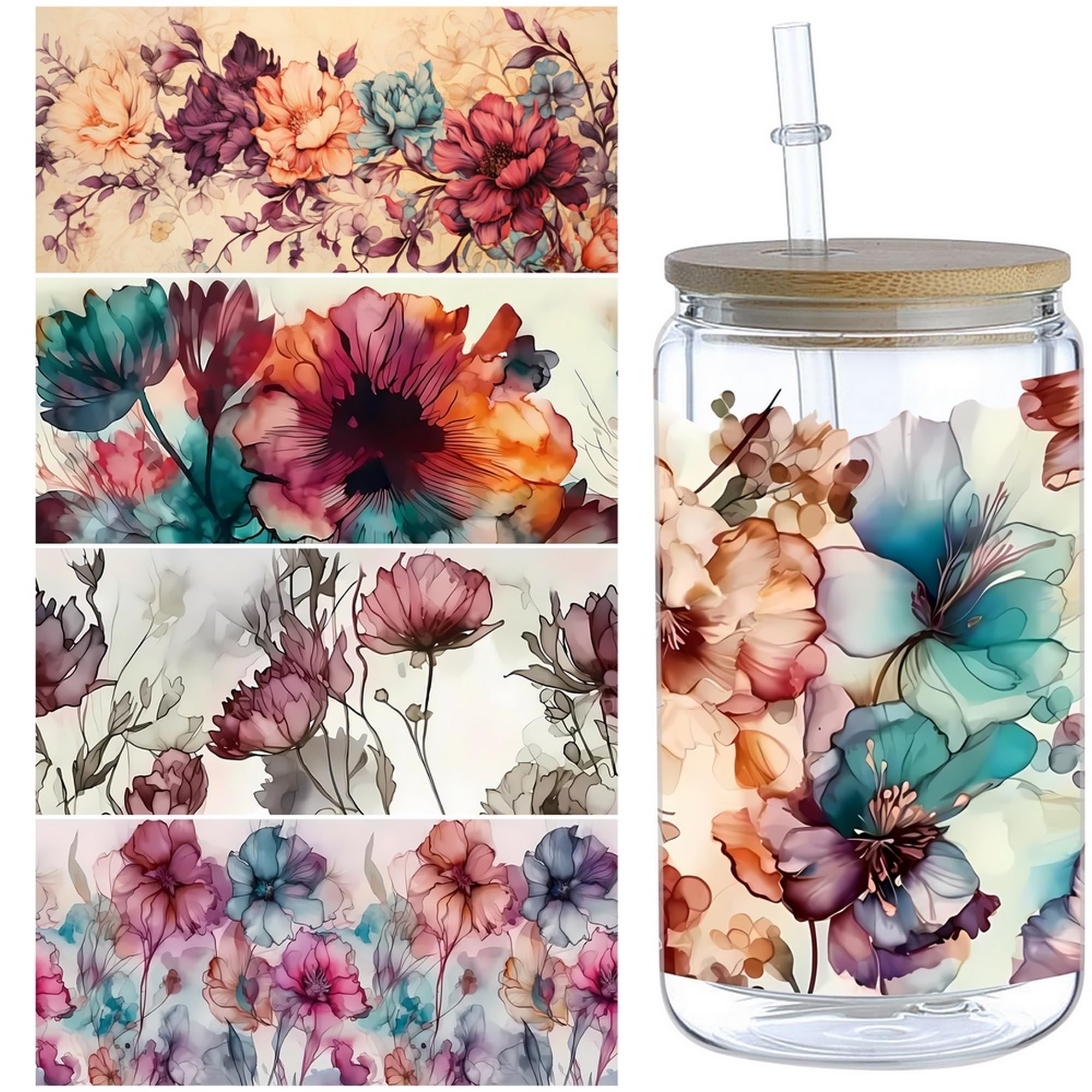 5 Sheets Flower UV DTF Transfer Stickers, for Glass Tumbler, Waterproof Decals, Plastic Adhesive Label for Bottles and Cups Decor (Style1-5 Sheet)