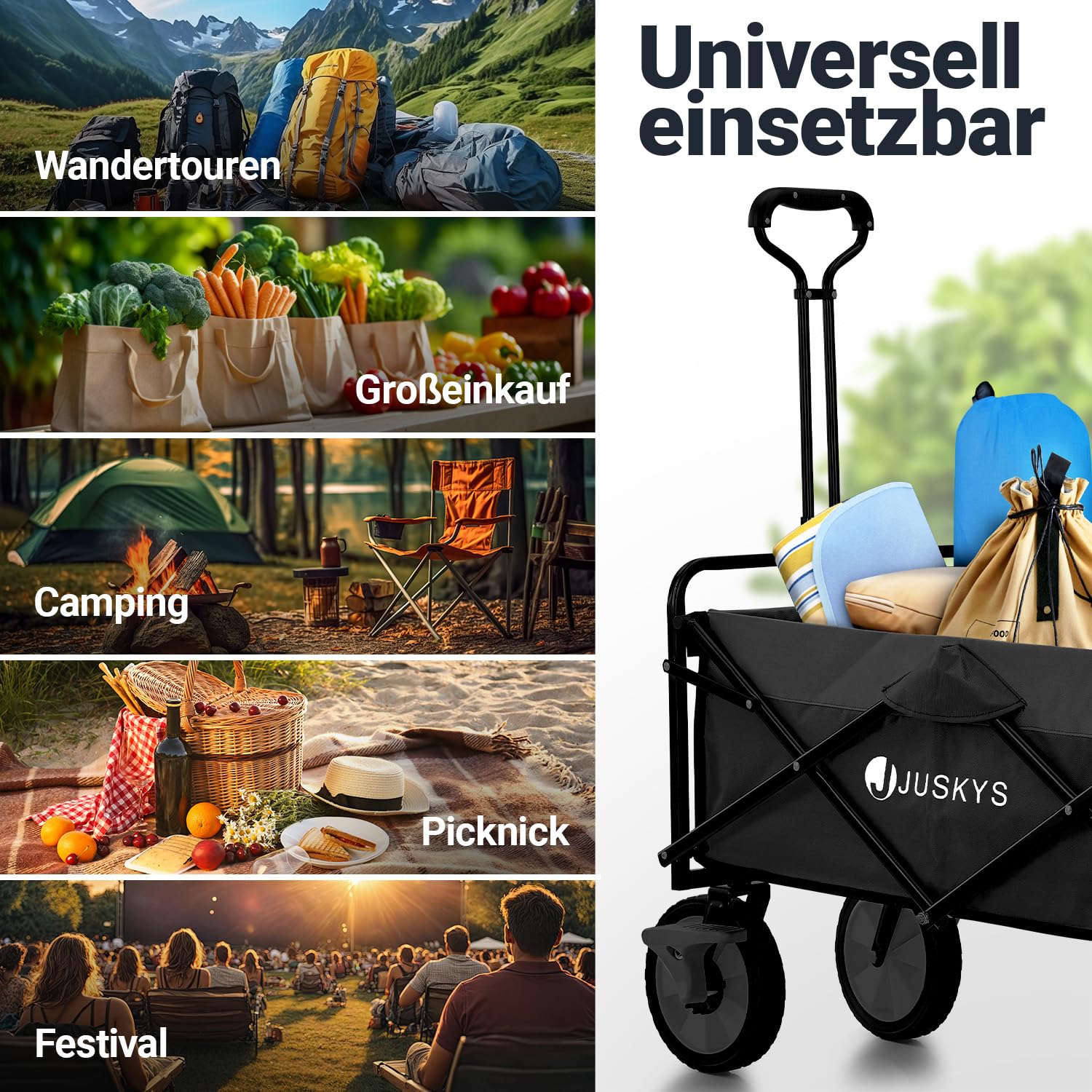 Juskys Bollerwagen 100 kg Tragkraft - Transportwagen faltbar - Einkaufen, Outdoor & Camping - Strandwagen Faltbollerwagen Handwagen Schwarz
