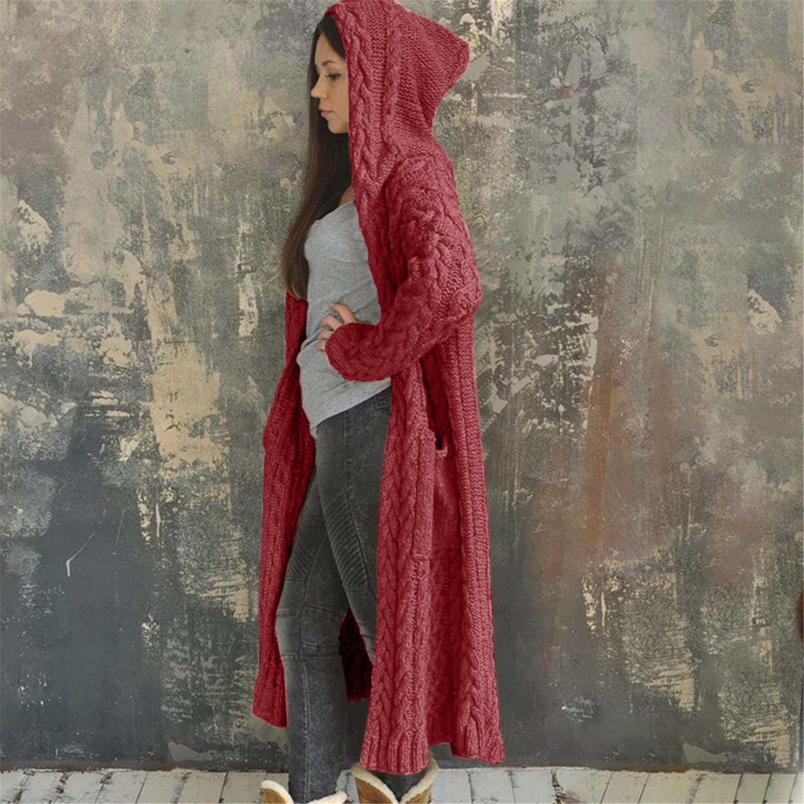 Chaqueta de punto grueso para mujer, chaqueta de punto grande para mujer, largo con capucha, elegante cárdigan largo con bolsillos, suéter informal, cálido, chaqueta de entretiempo, manga larga,
