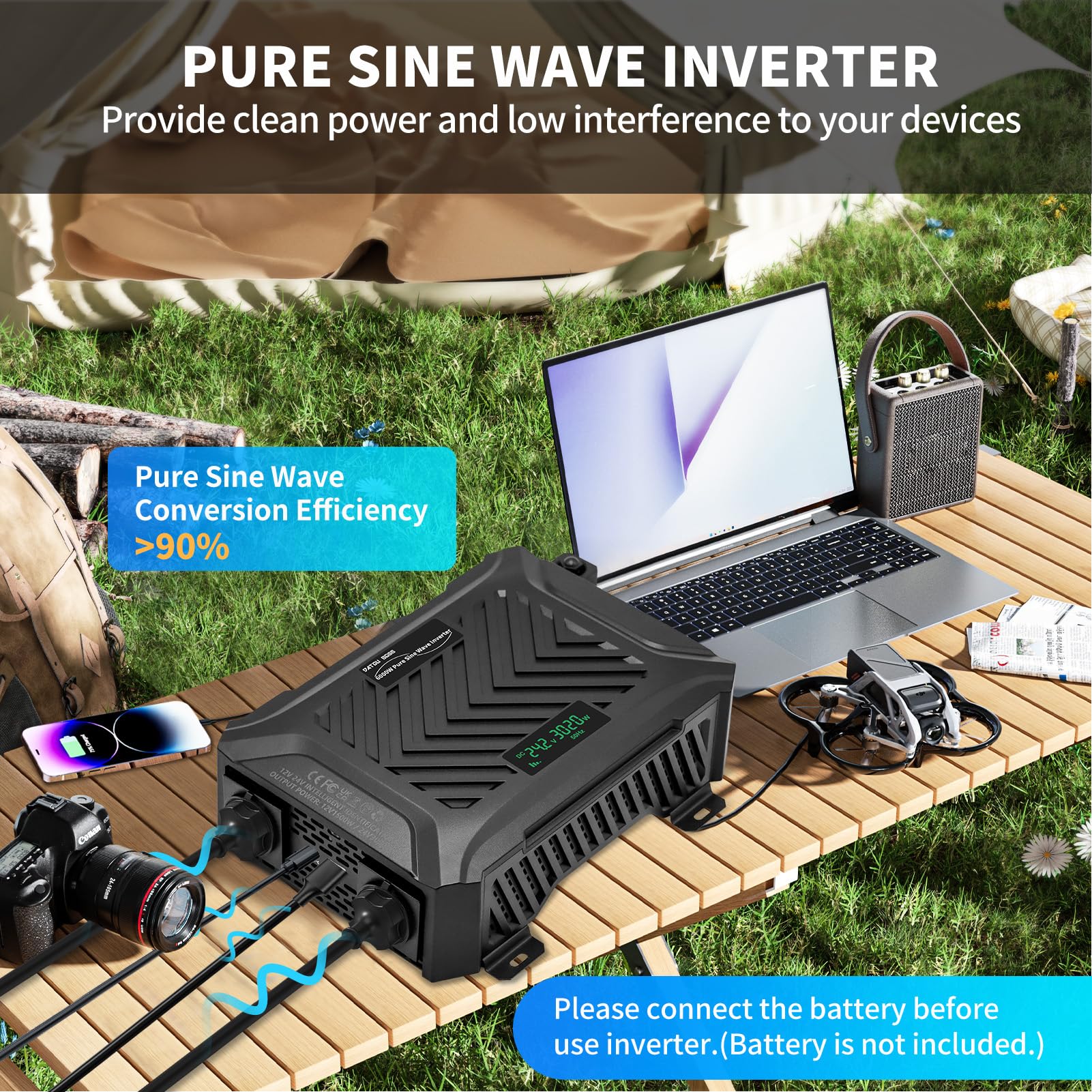 DATOUBOSS Inverter Onda Sinusoidale Pura 12V/24V a 220V Convertitore Universale Onda Pura 3000W con sistema di rilevamento intelligente, con LCD Display, interfaccia USB, Type-C e 2 presa UE