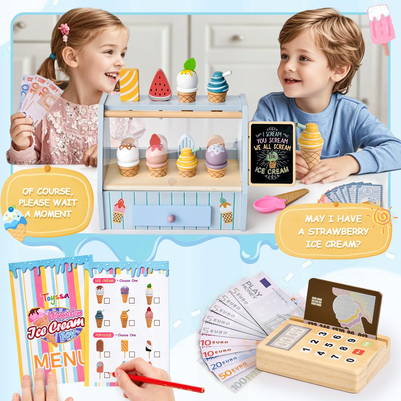 Atoylink Eisdiele Kinder Holz, kaufladen Zubehör mit Kaufmannsladen Zubehör Holz Spielgeld Einkaufsladen, Eisladen Kinder EIS Spielzeug Rollenspiel Geschenk für Mädchen Junge 3 4 5 6 Jahre (Blau)