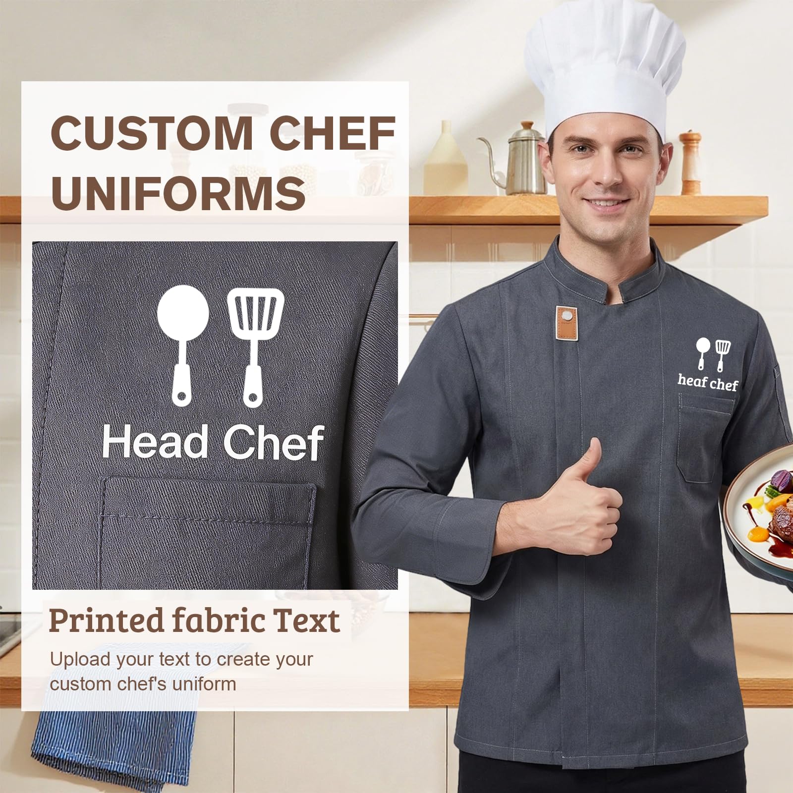 Generisch Kochjacke Herren Personalisierte Kochuniformen Kochjacke Damen Koch Kostüm für Hotel-Küchen-Restaurant-Kochschule - 3