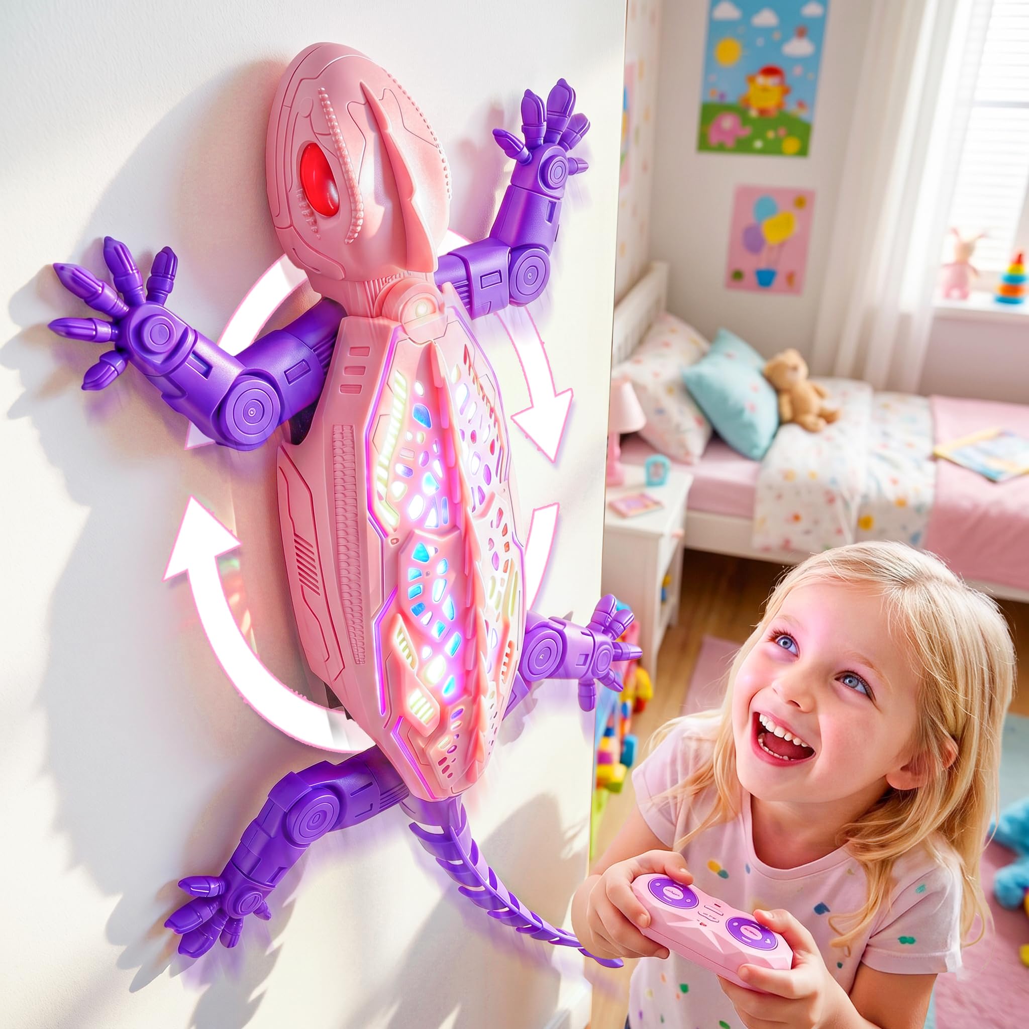 FOTSHARER Pink Wall Crawler Gecko, Rechargeable Remote Control Lizard with Colorful LED Lighting , Remote Controlled Wall Crawler with Realistic Bionic Shape for Boys and Girls — image 1