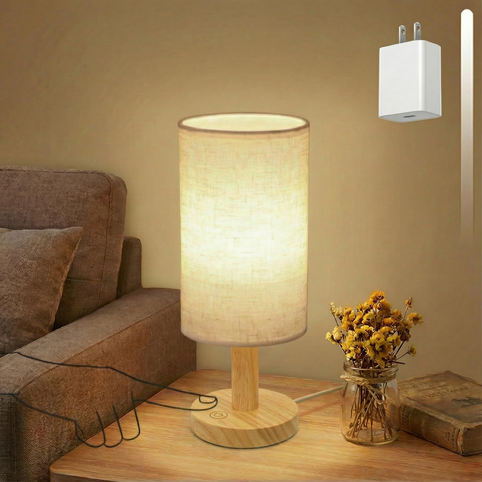 Dotykowa lampa na stolik nocny z zasilaniem USB, bezstopniowe ściemnianie, 2700 K, ciepła lampka nocna, minimalistyczna drewniana podstawa, lniany klosz, boho lampka nocna do sypialni, przedszkola