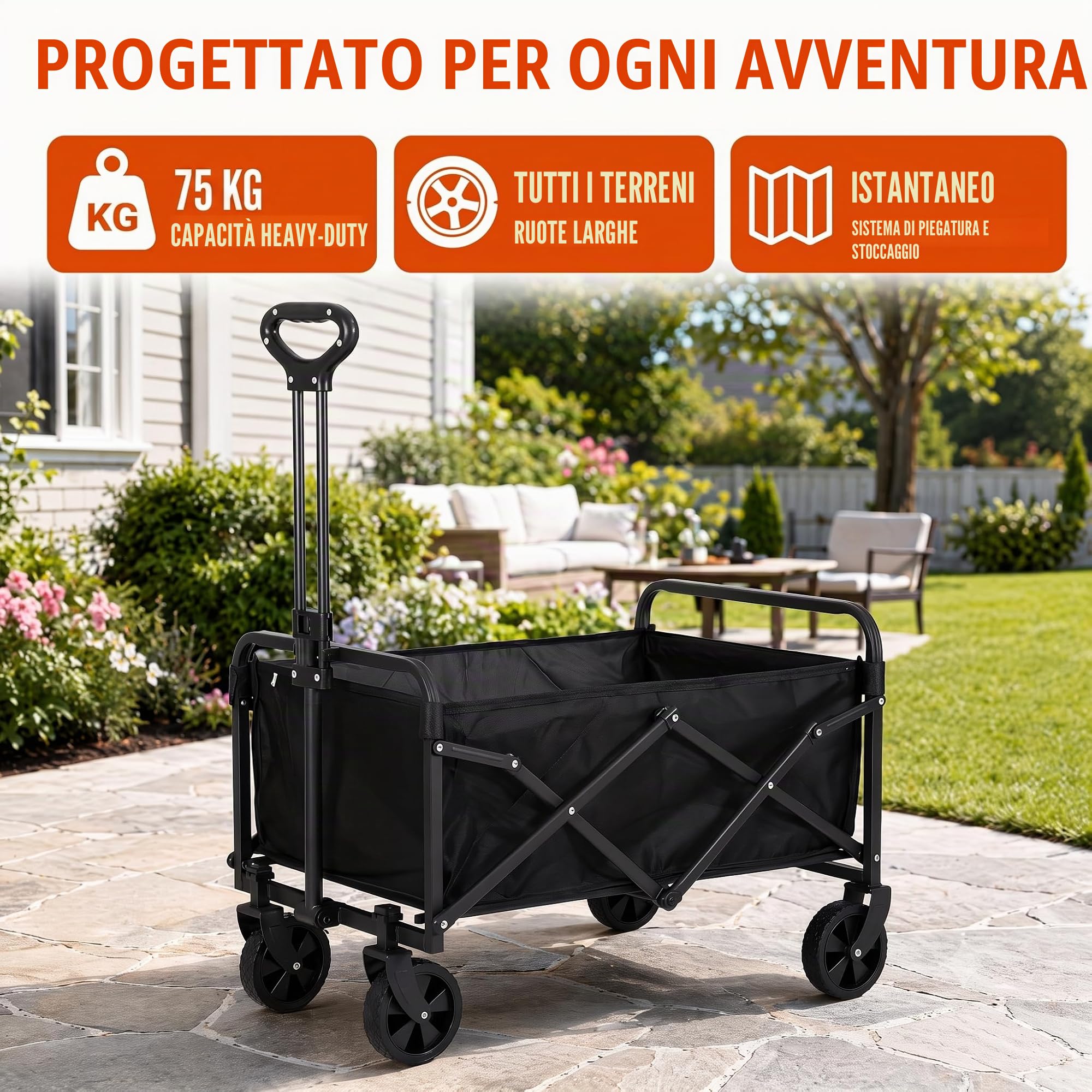 Carrello pieghevole resistente multiuso per esterni, portata 75 kg, carrello pieghevole con ruote per tutti i terreni e maniglia regolabile, per spiaggia, giardino, campeggio, shopping, veloce