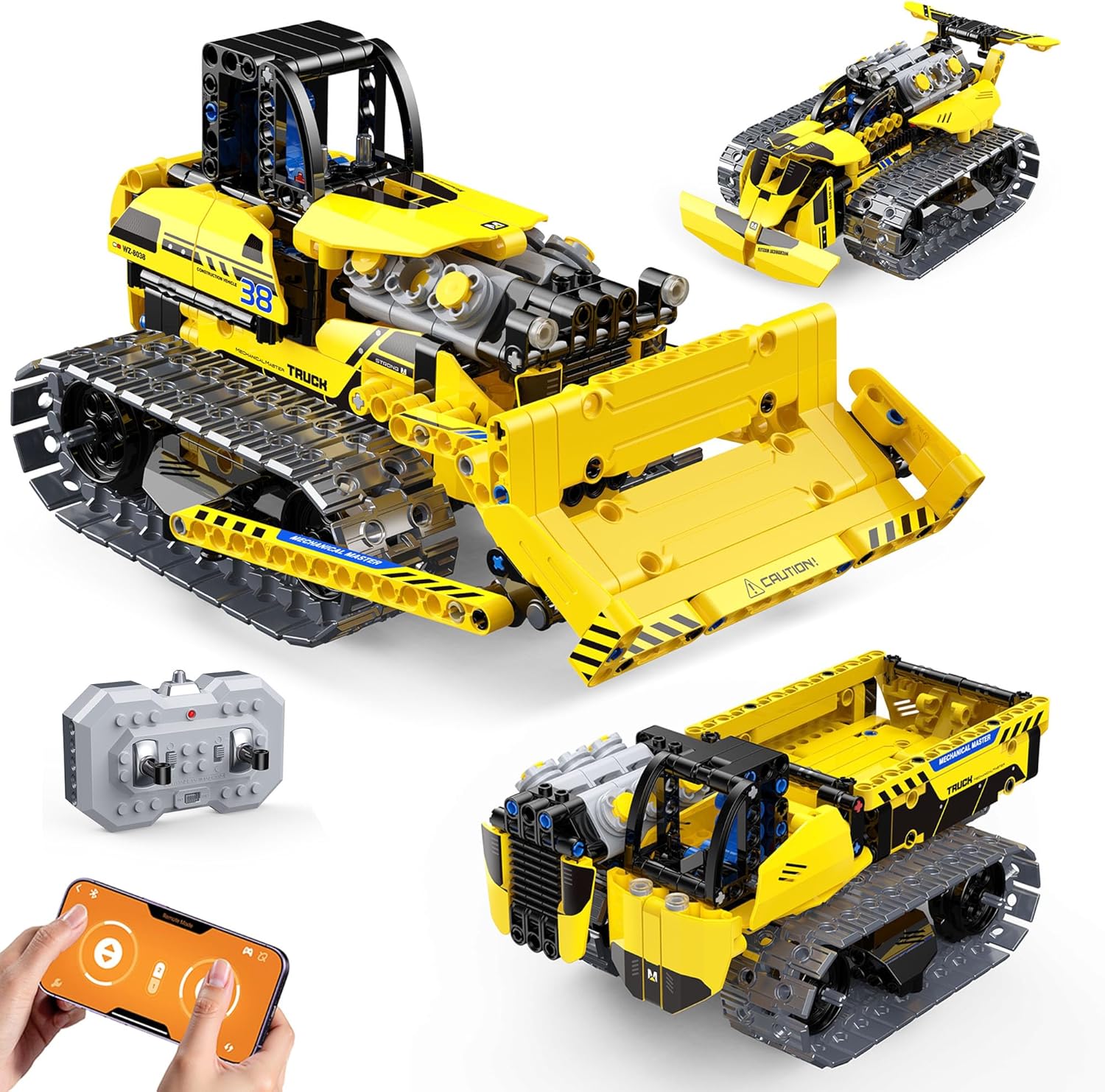 zinat 3 in 1 STEM Remote Control Bulldozer Building Set, DIY Engineering Construction Kit with APP & Remote, Educational Robot Blocks Toy, Birthday for Kids Teens Adults - 452 Pcs
