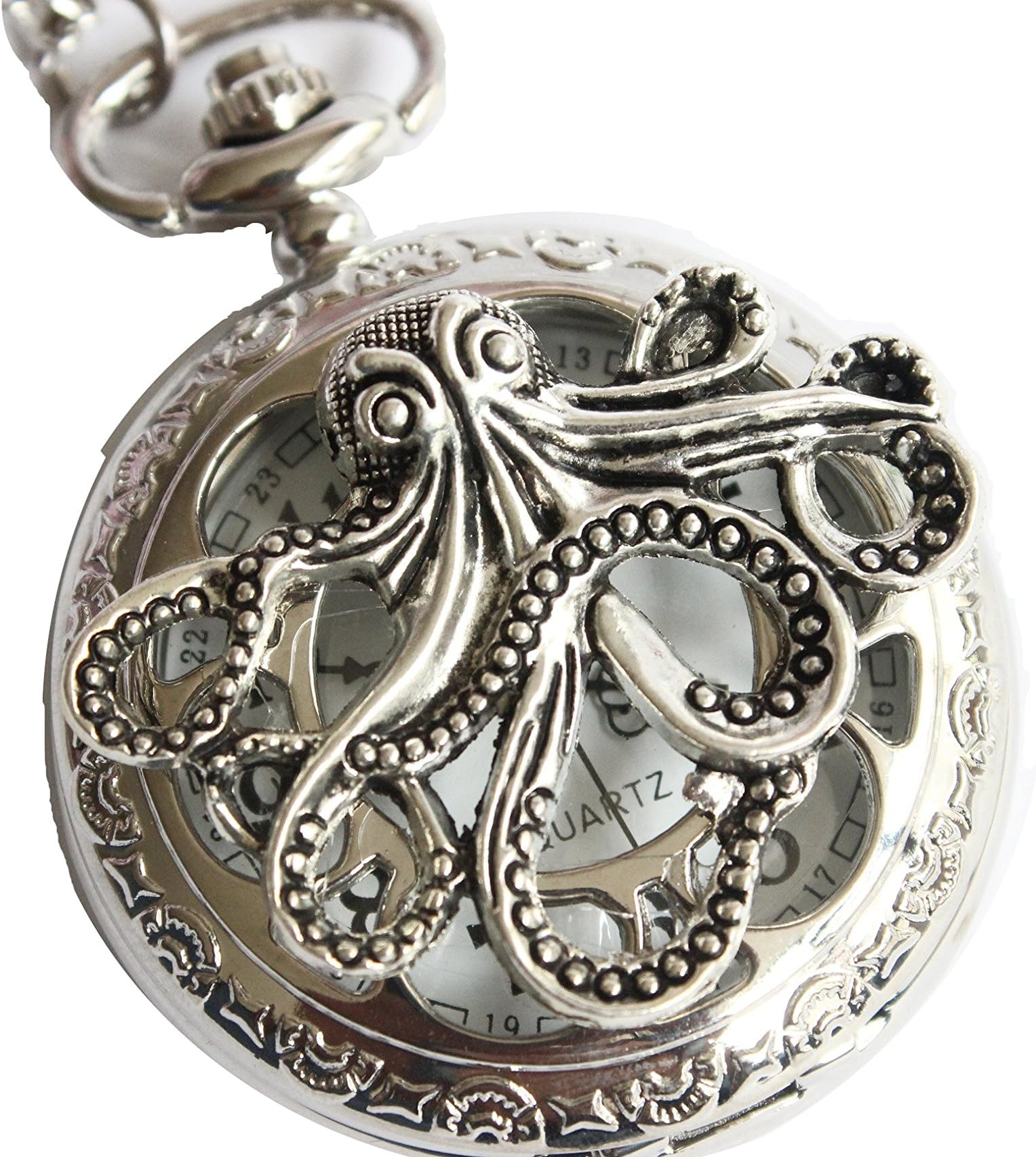 UnknownAncient Silver Octopus Silver Pocket Watch, Cute Big Octopus Pocket Watch Necklace Mens Jewelry