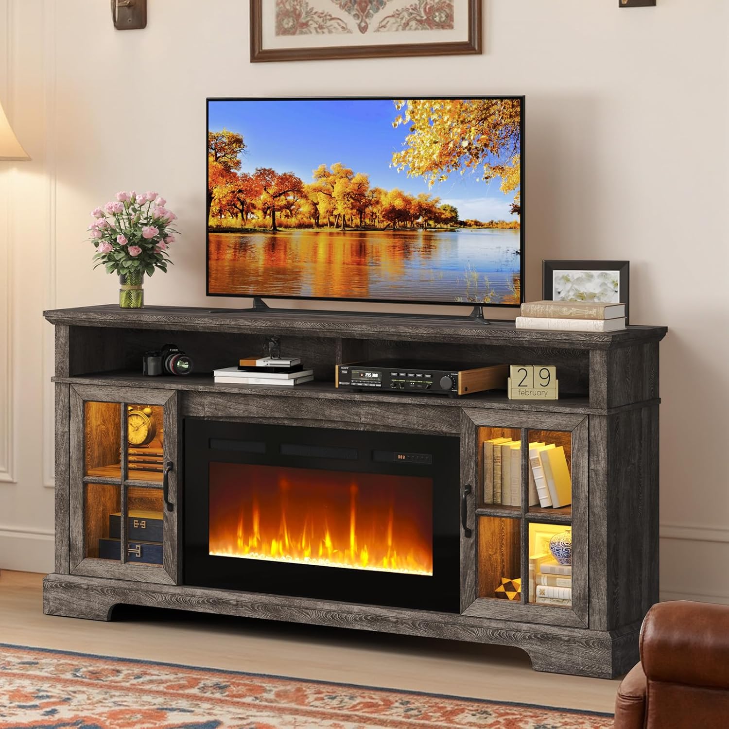 70“ TV Stand with Electric Fireplace, Modern Entertainment Center for TVs Up to 80 Inches, Media Console with Storage Cabinets & Doors, Farmhouse Style for Living Room, Gray and Black