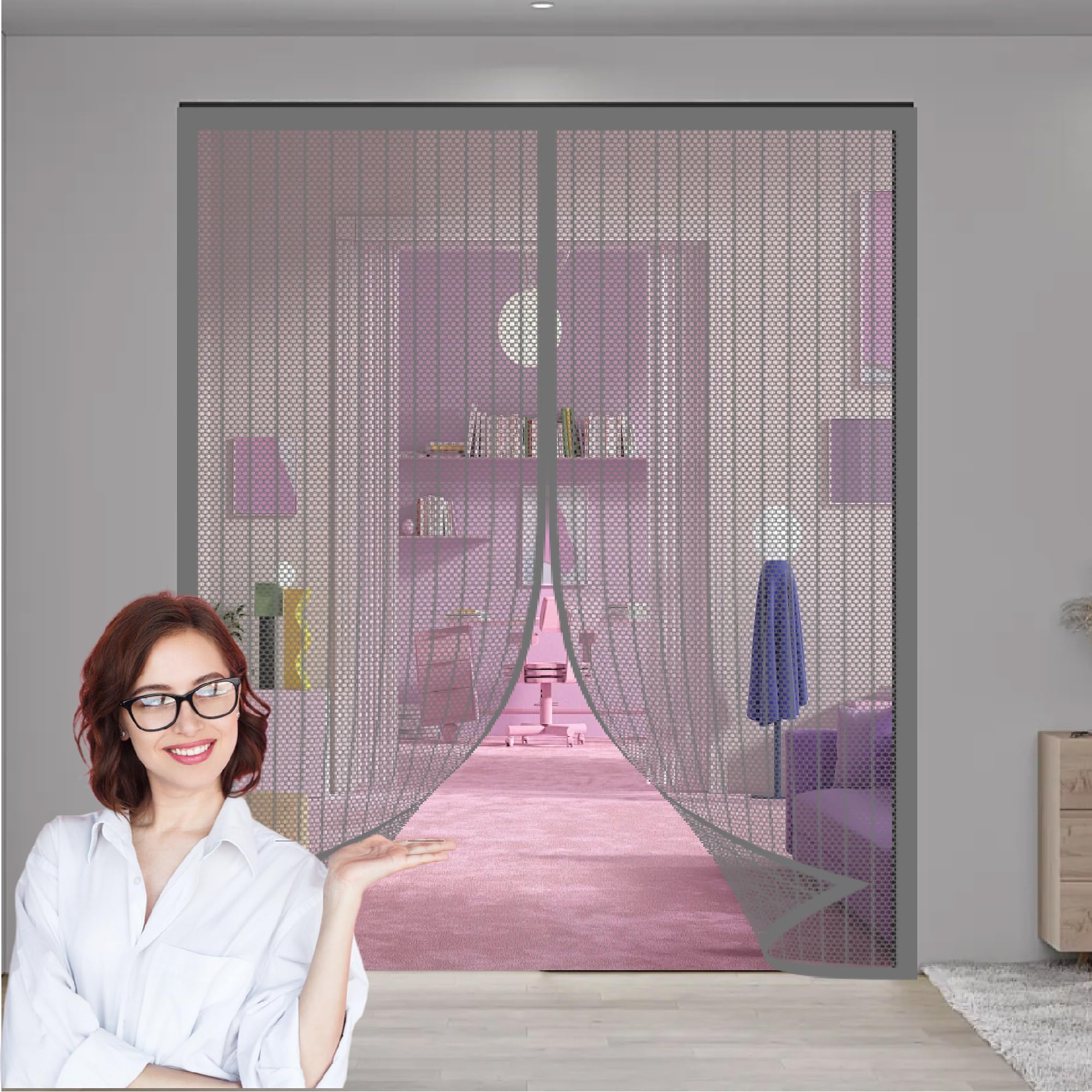 Moustiquaire de terrasse rideau en maille gris pour porte coulissante