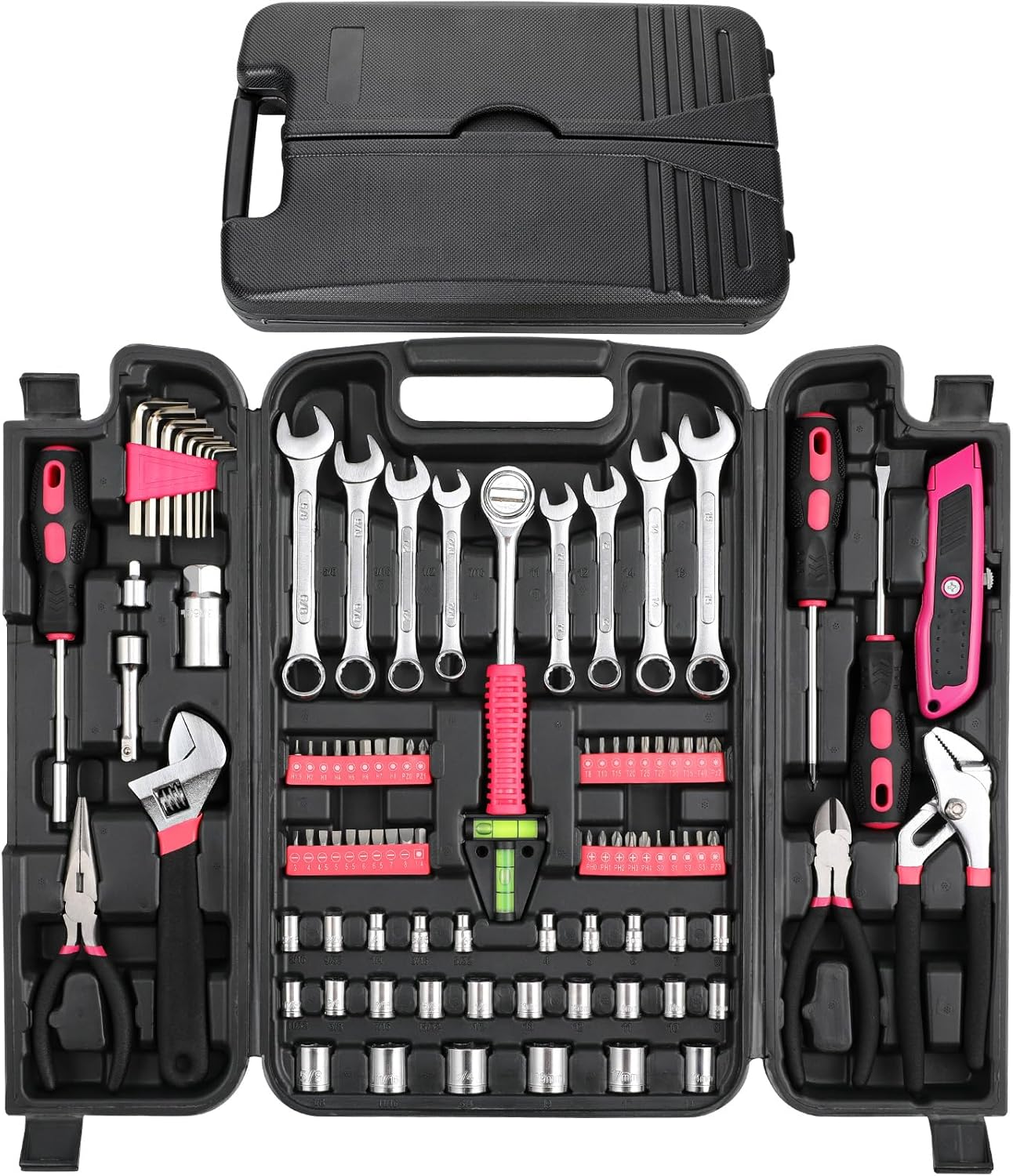TLGREEN 95 Piece Tool Set, Tool Kit, Mechanics Tool Set, Portable Toolbox with Adjustable Wrench Pliers Socket Bits, with Plastic Toolbox Storage Case, for House Apartment Garage (Pink)