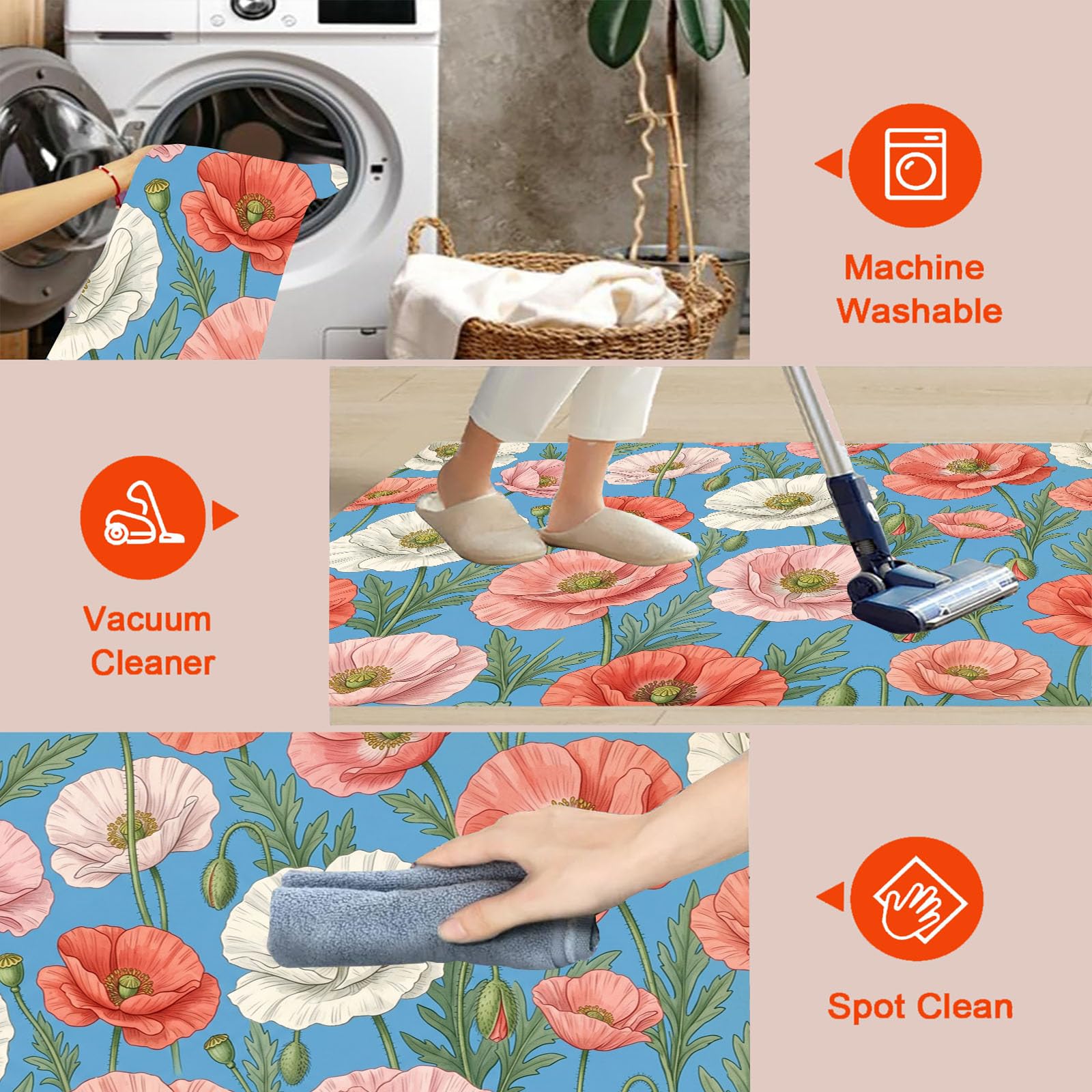 Tapis Rond Lavable Coquelicot Feuilles Vertes 100cm | Tapis Fleurs Fraîches Rétro Antidérapants Salon Lavable en Machine pour pour Salle à Manger, Entrée, Cuisine, Bleu